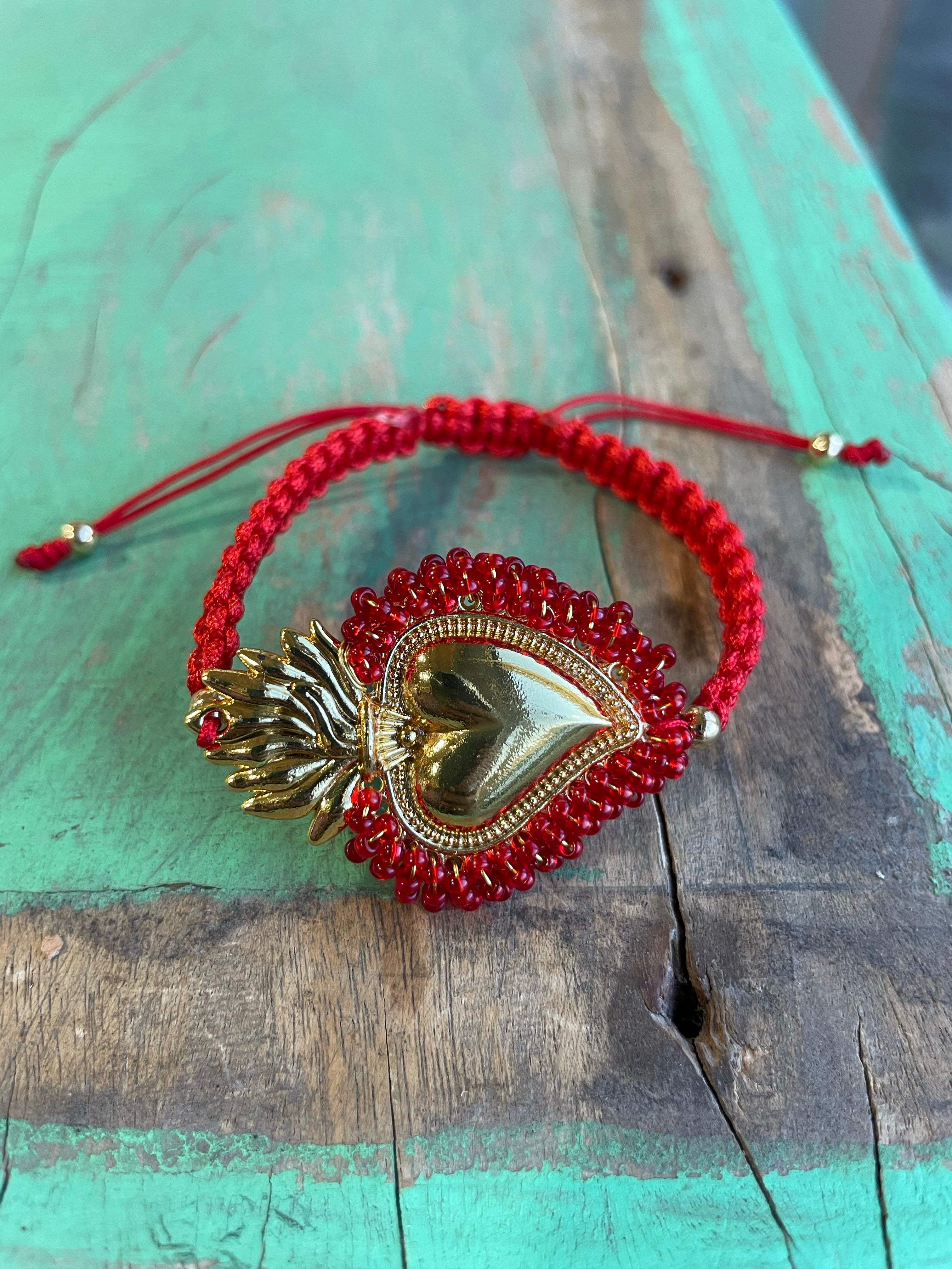 Red Cord Beaded Sacred Heart Bracelet
