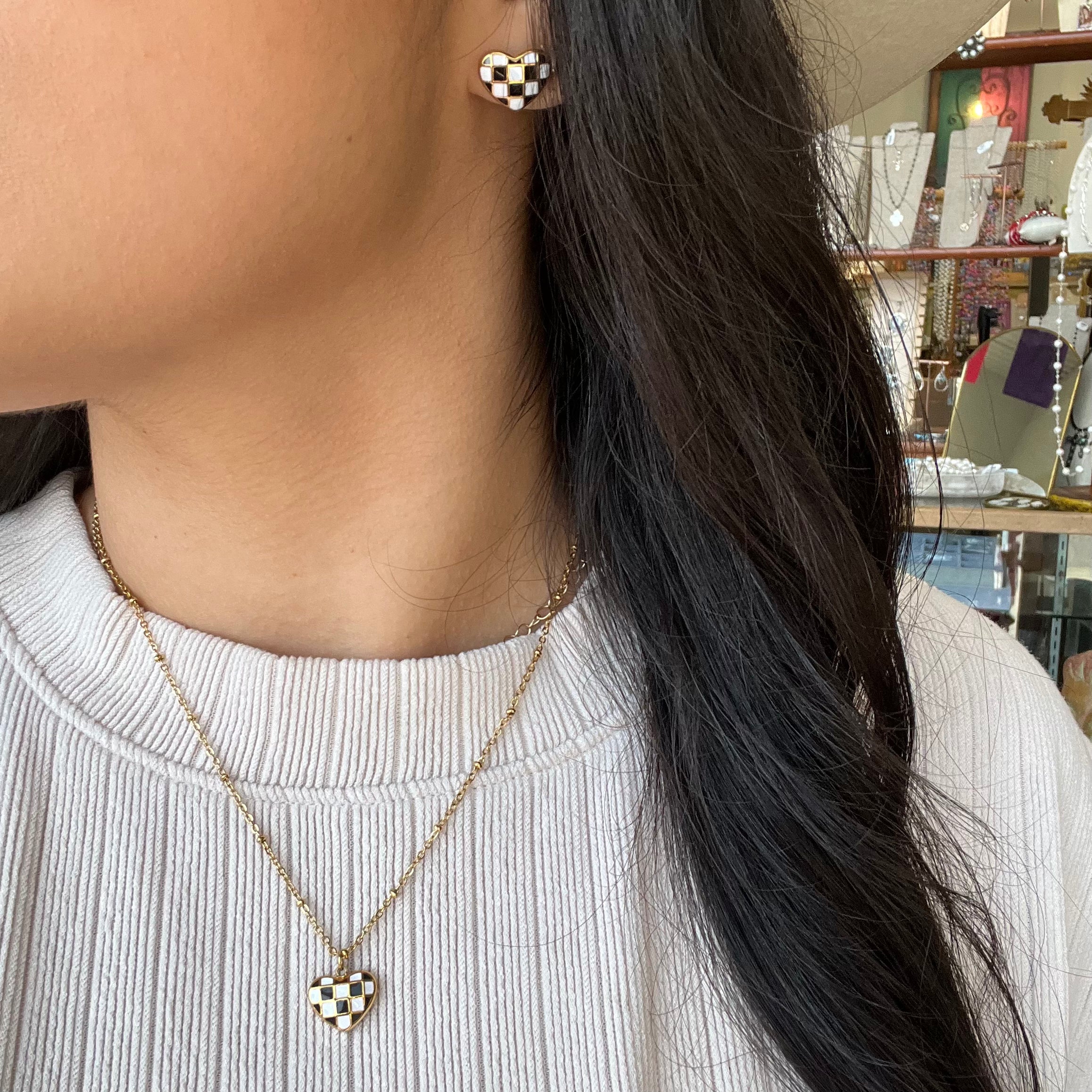 Checkered Gold Stainless Steel Heart Necklace, Earrings or Ring