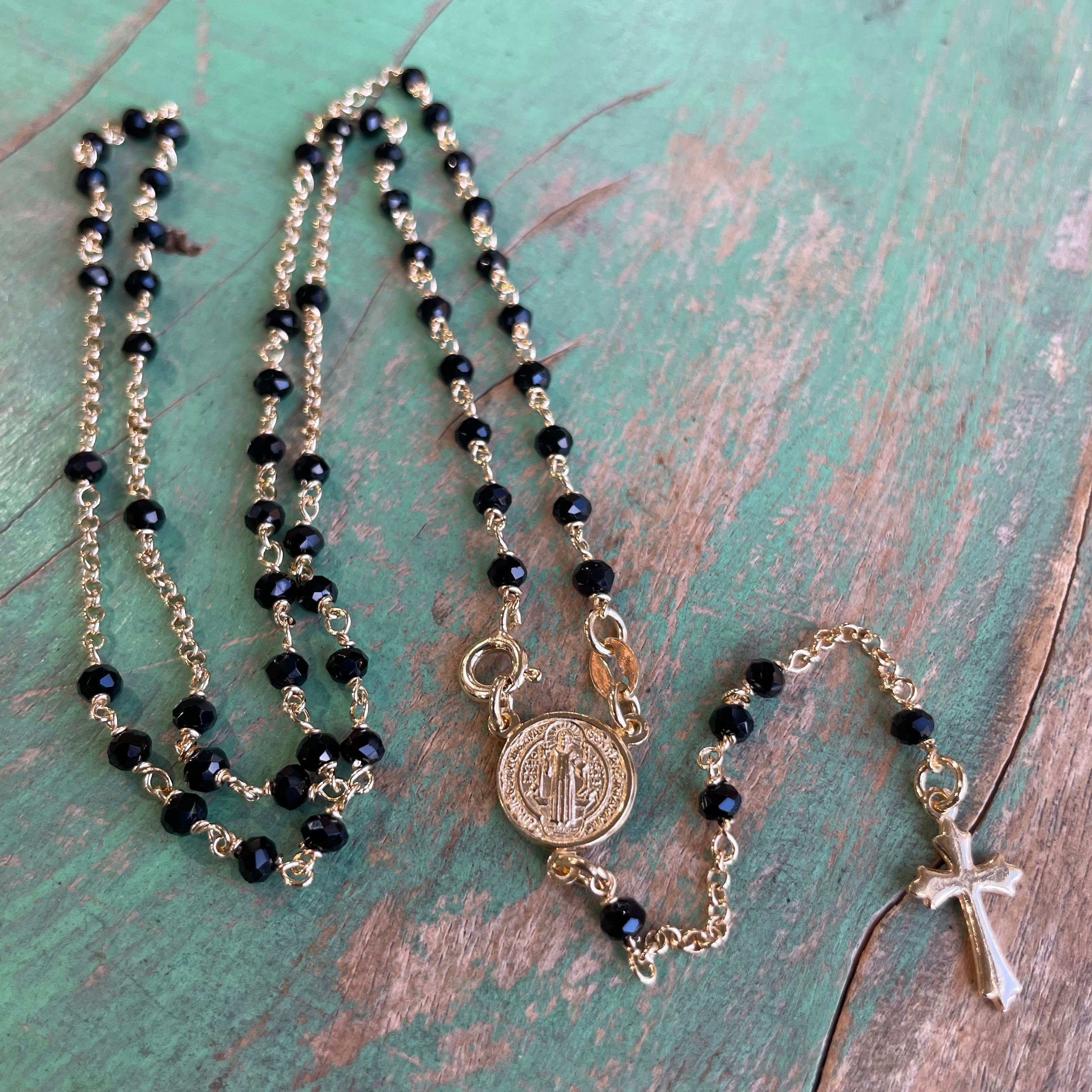 Sterling Silver Black Crystal St Benedict Rosary Necklace