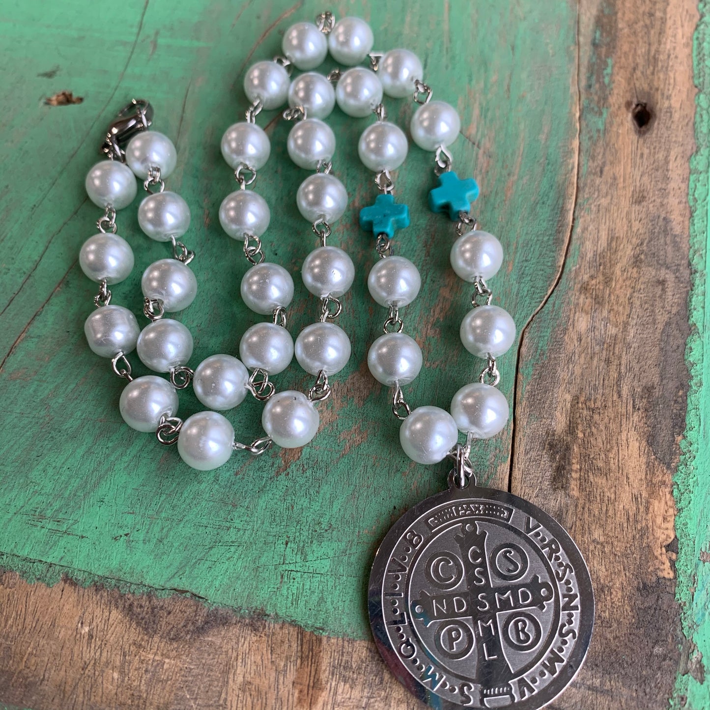 Pearl and Turquoise St Benedict Necklace and Earrings