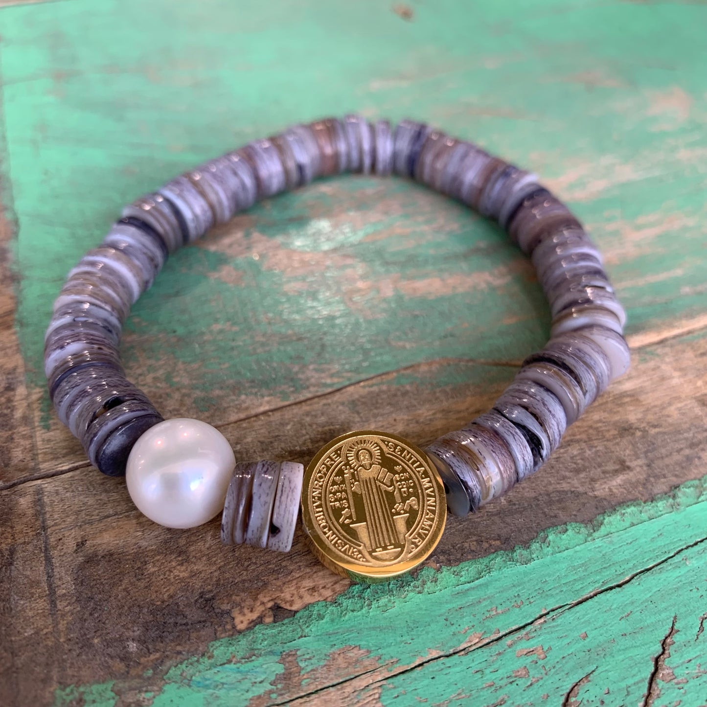 Heishi Shell and Pearl St Benedict Bracelet