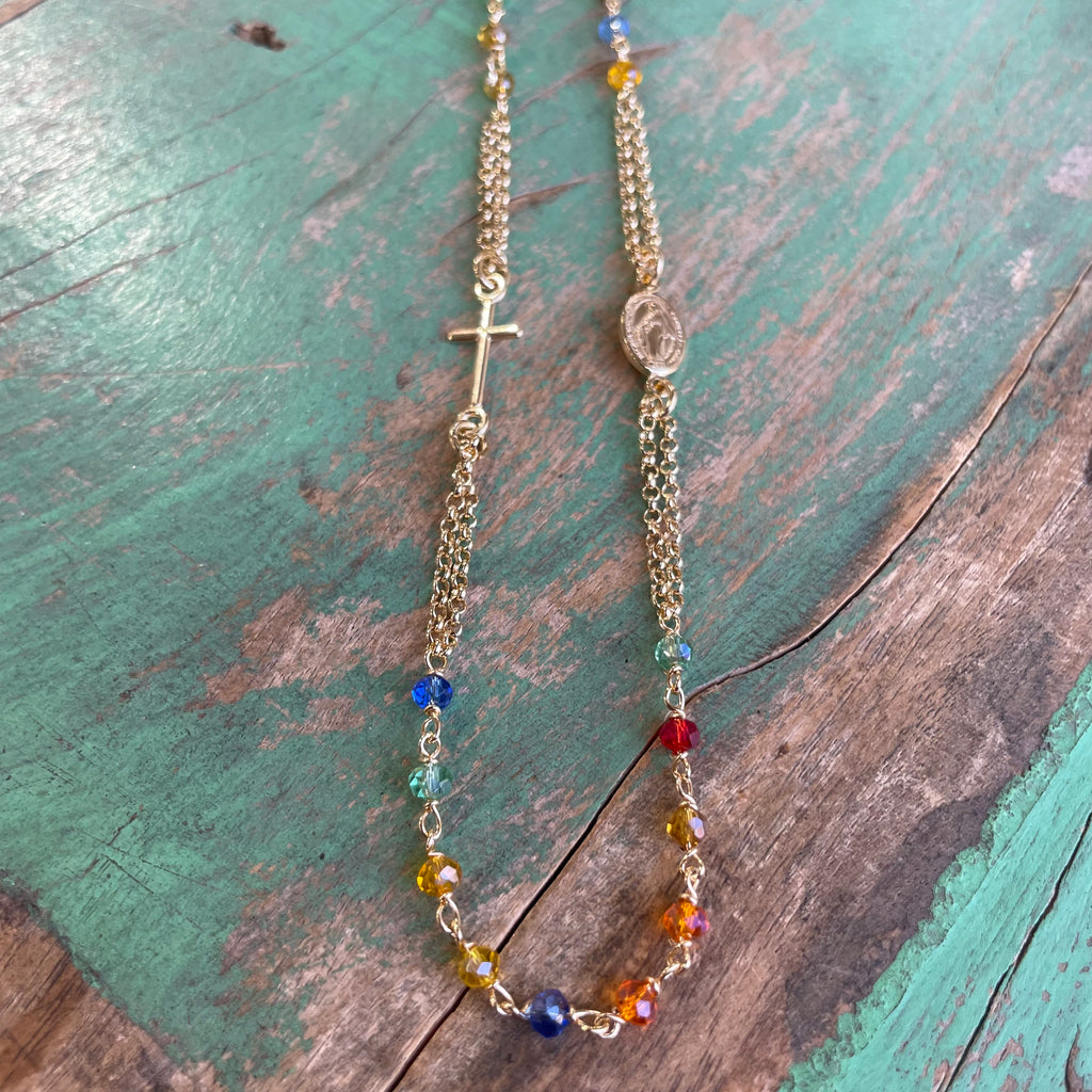 Sterling Silver Multi Color Rosary Inspired Necklace