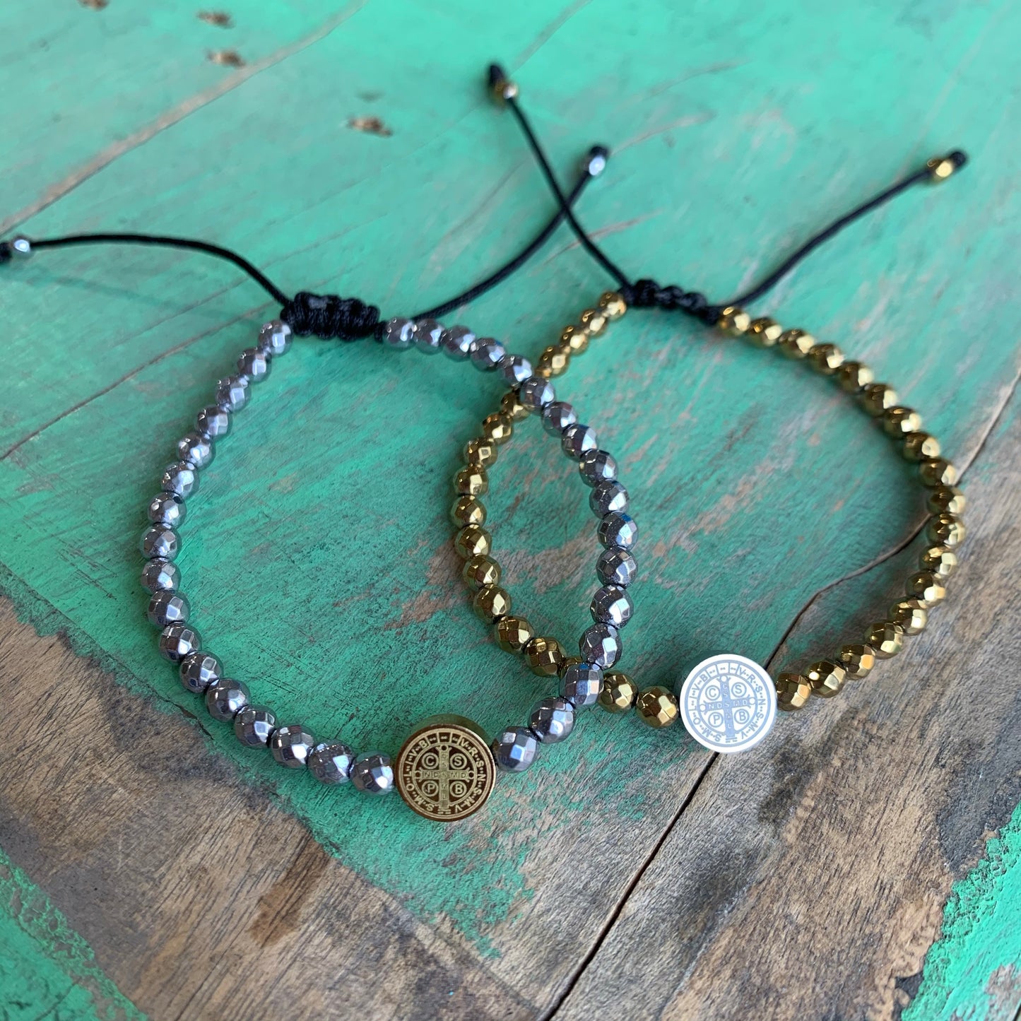 St Benedict and Hematite String Bracelet