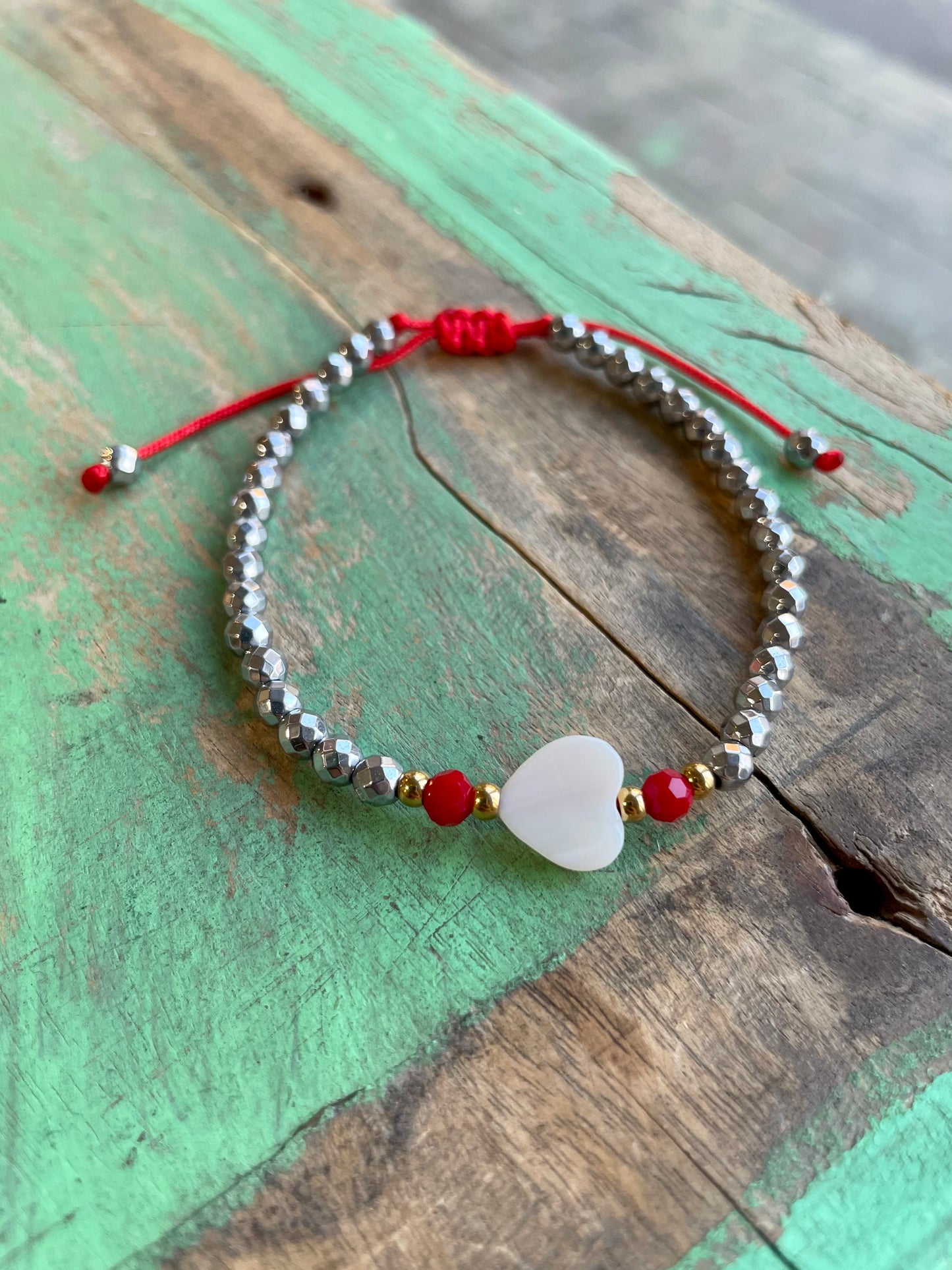 Silver and Red Shell Heart Bracelet