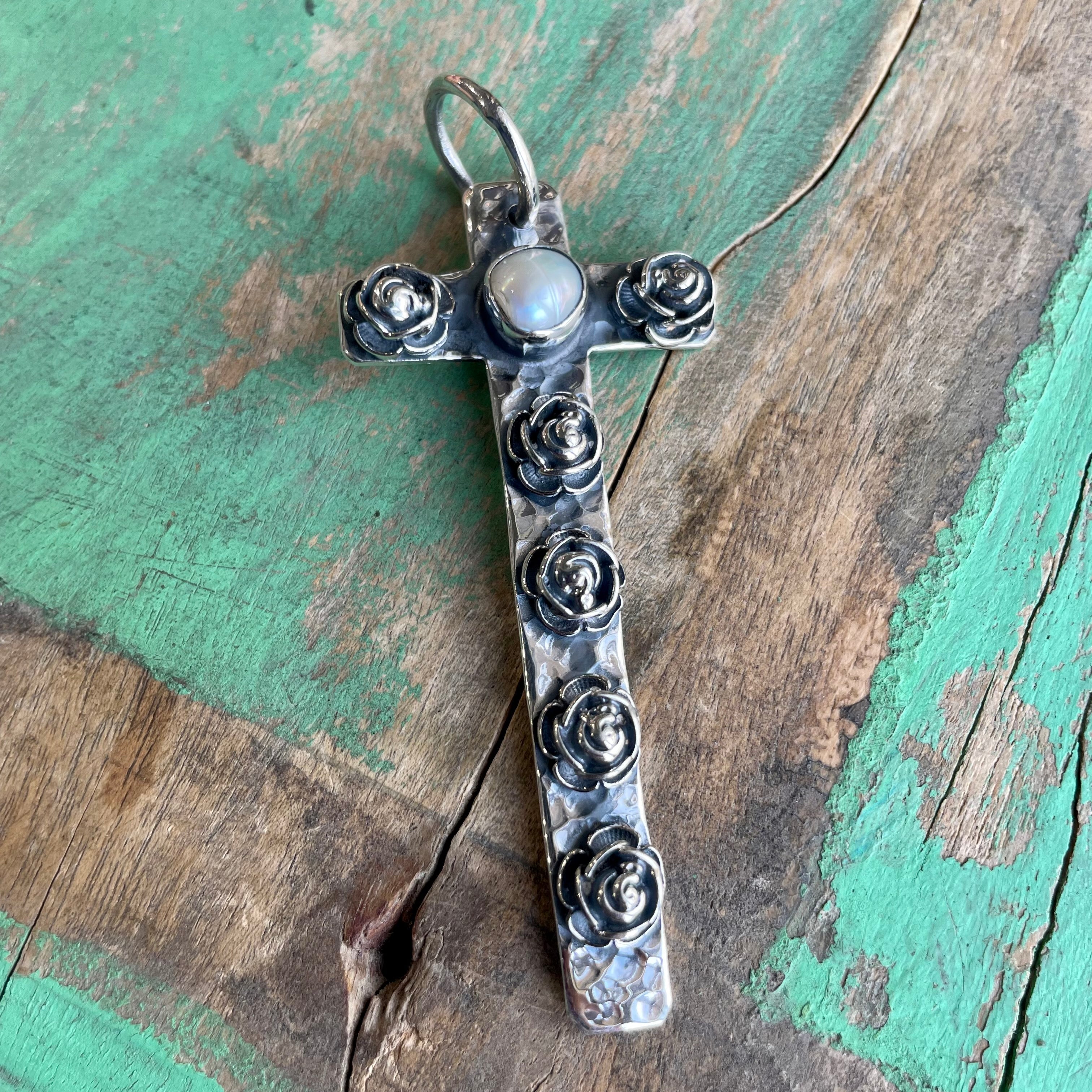 Sterling Silver Rose and Pearl Cross