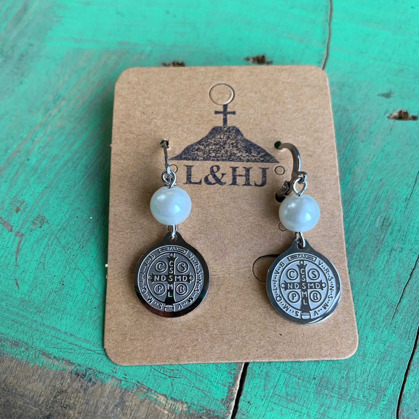 Pearl and Turquoise St Benedict Necklace and Earrings