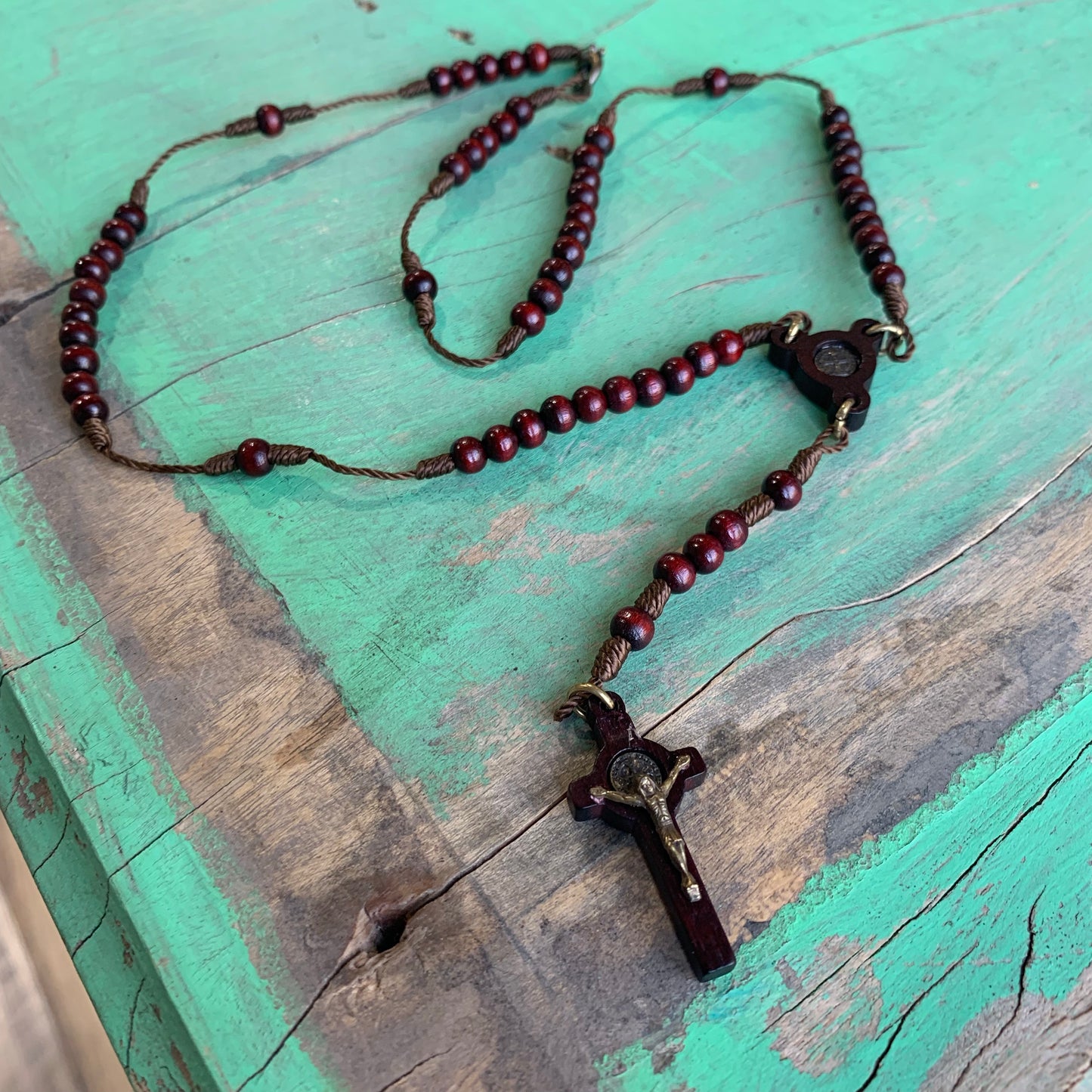 Wooden St Benedict Rosary Necklace