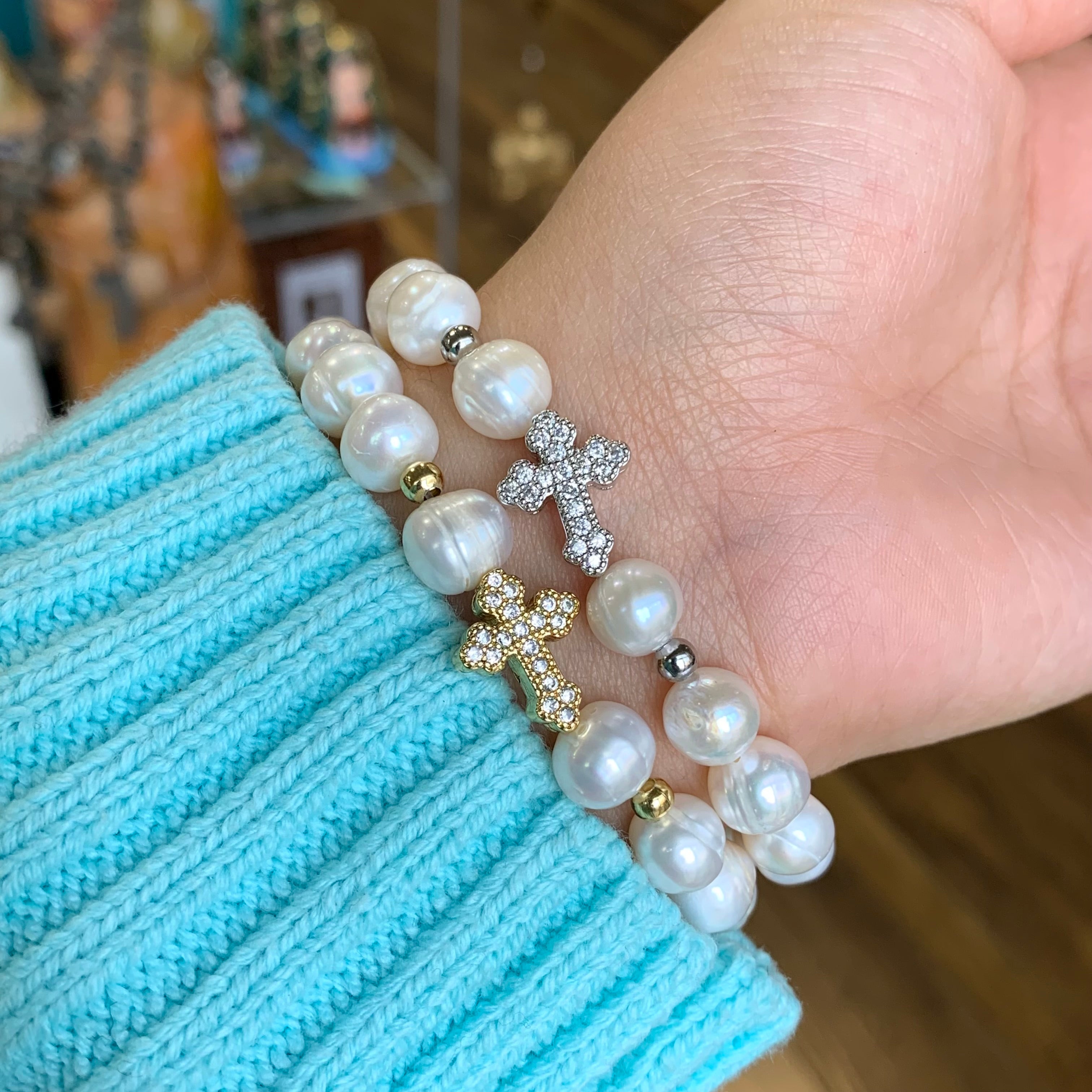 Freshwater Pearl CZ Cross Bracelet