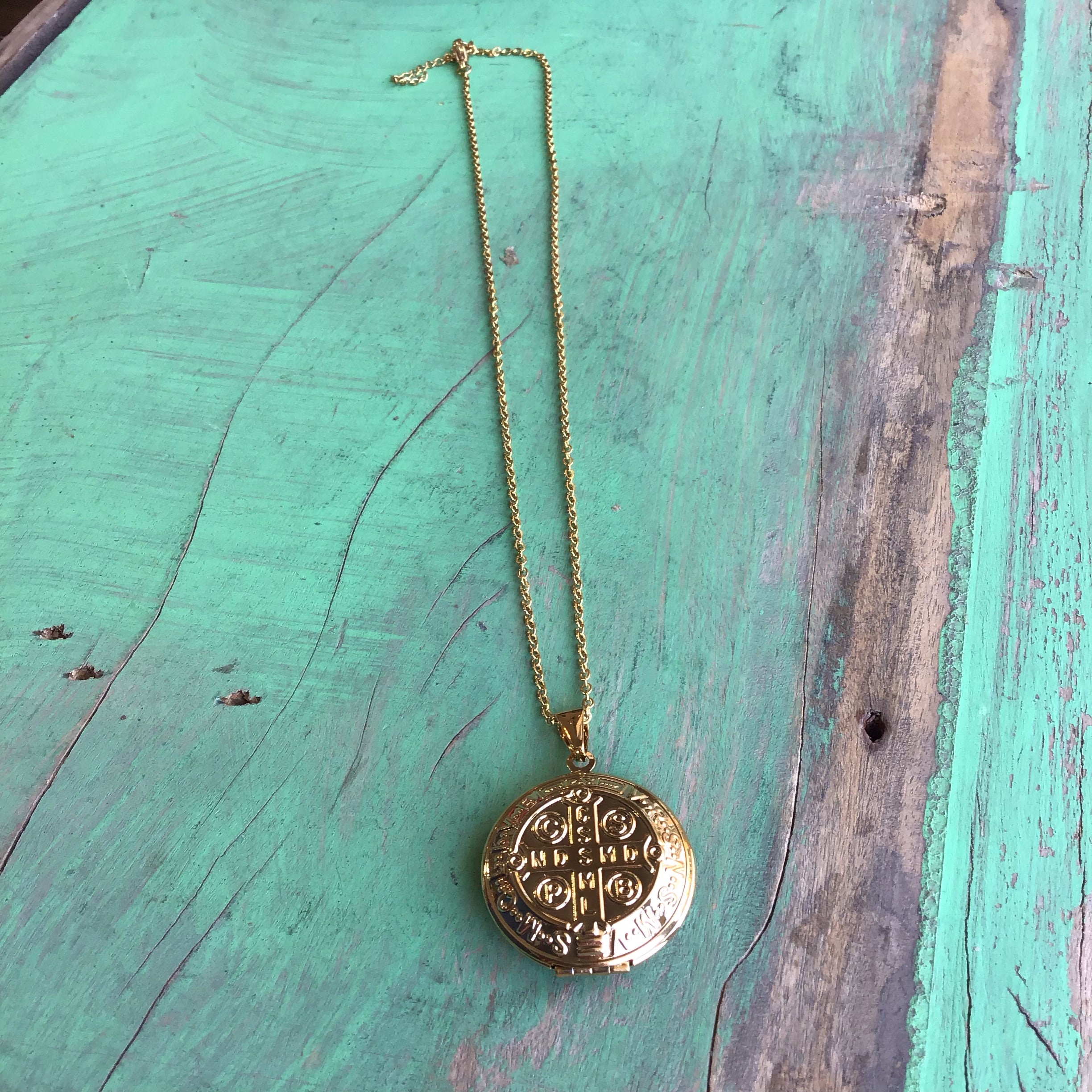 Gold Stainless Steel St. Benedict Necklace