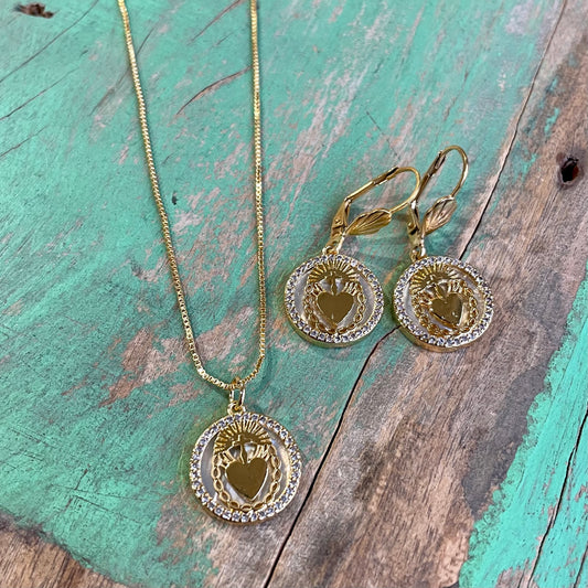 Gold Plated Sacred Heart Chain and Earrings