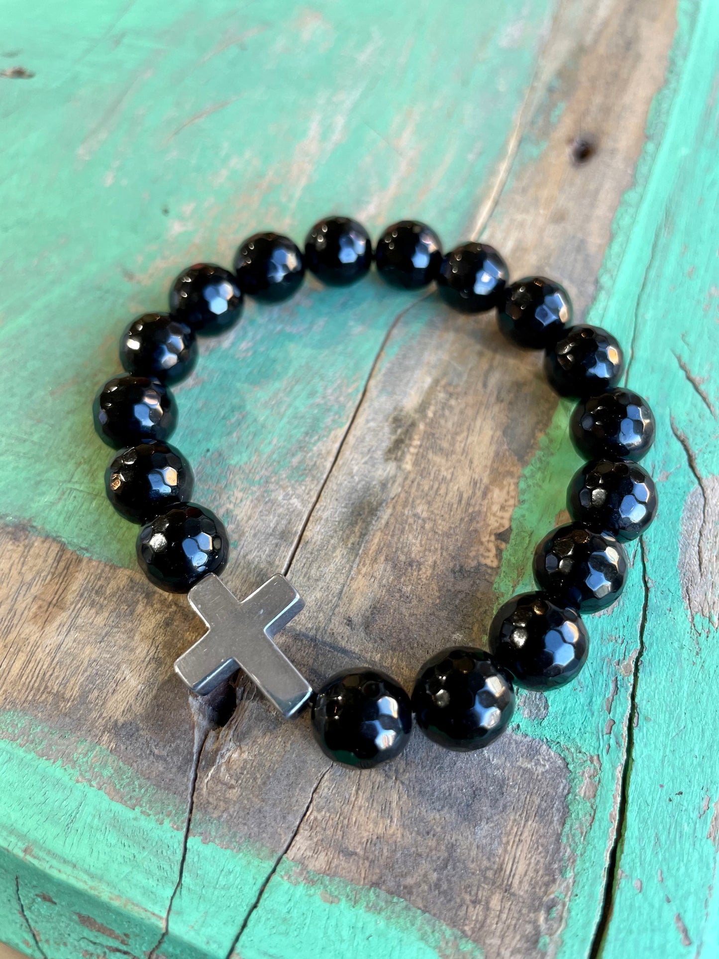 Black Agate Sideways Cross Bracelet