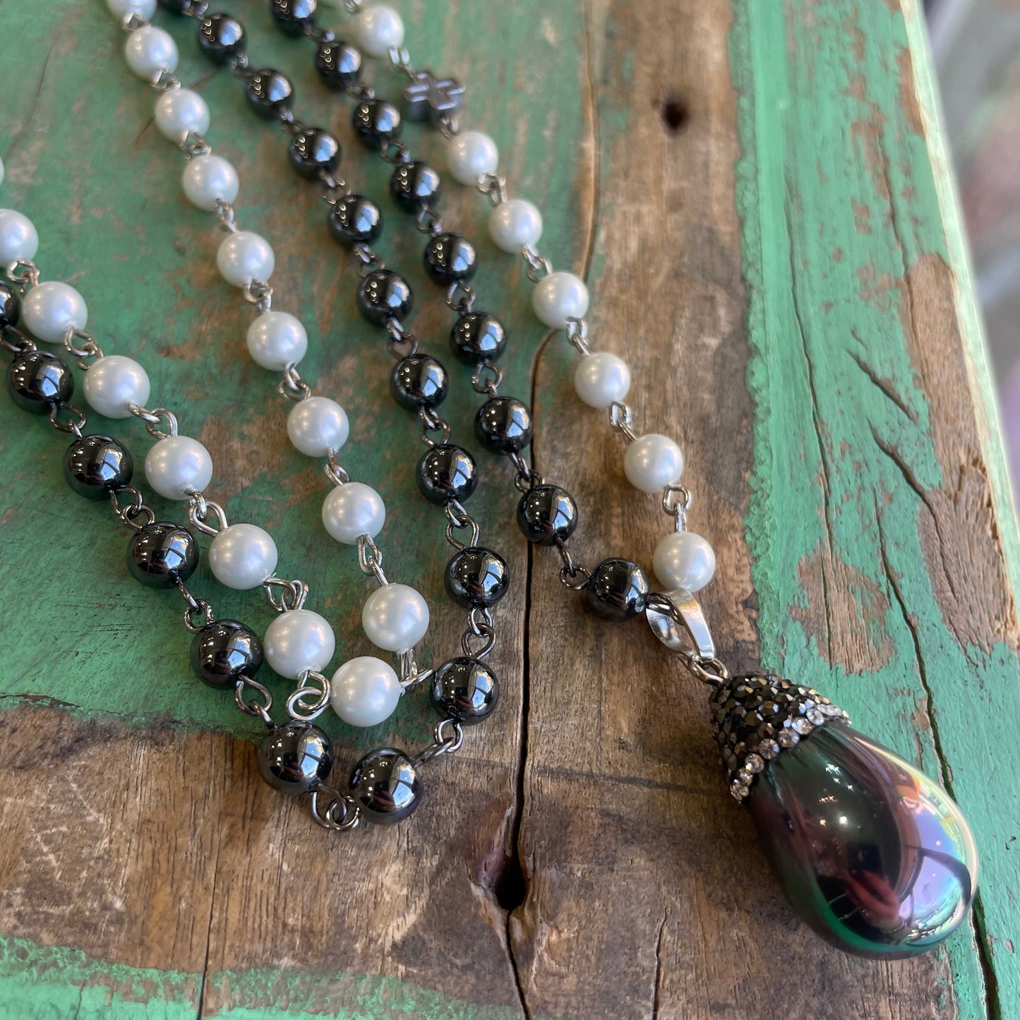Hematite and Pearl Drop Necklace