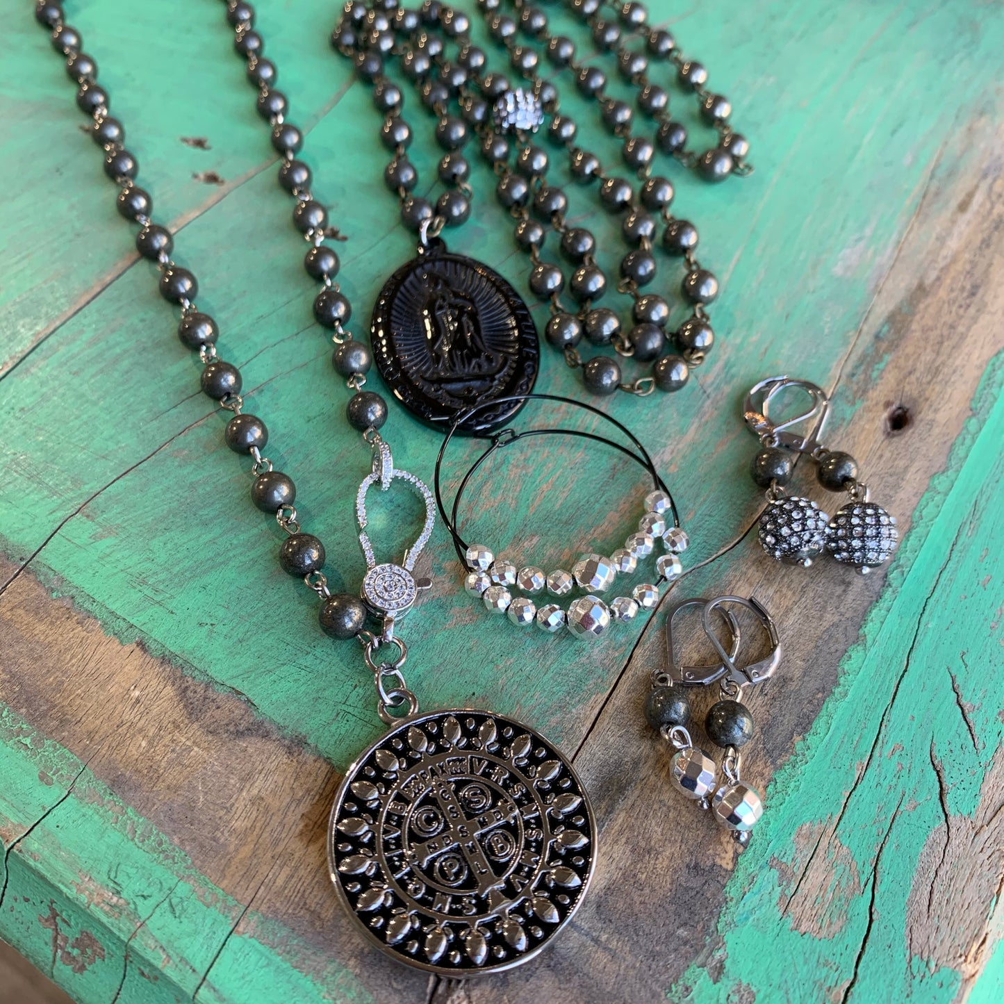 Pyrite St Benedict Clasp Necklace and Earrings