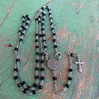 Sterling Silver Black Crystal St Benedict Rosary Necklace