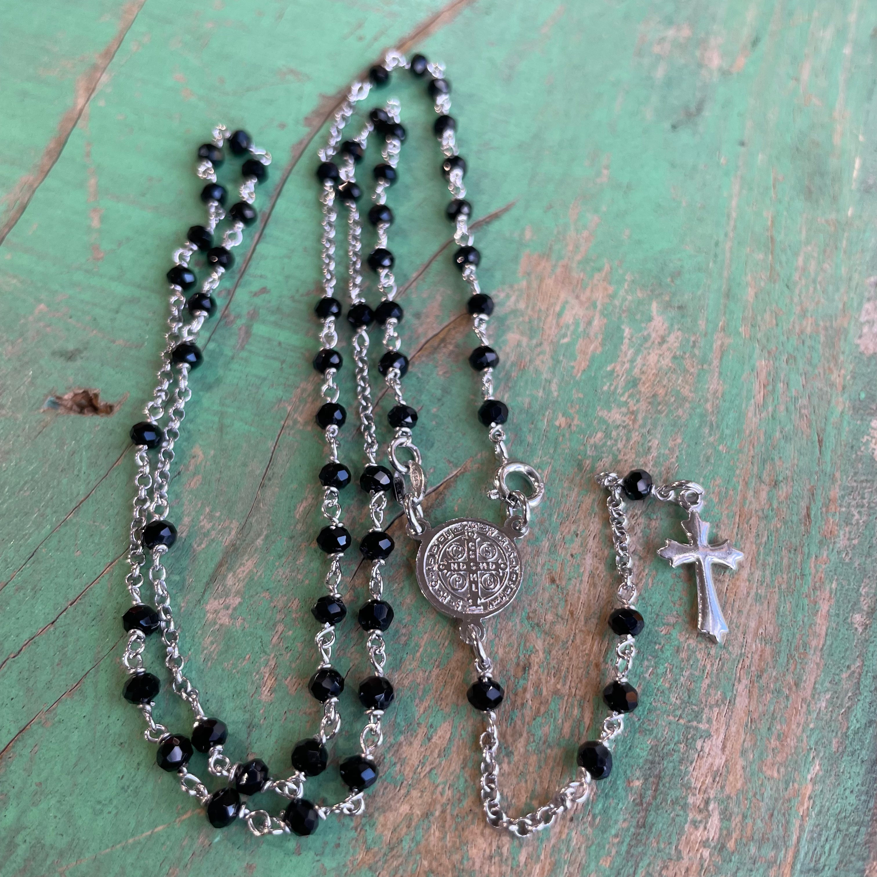 Sterling Silver Black Crystal St Benedict Rosary Necklace