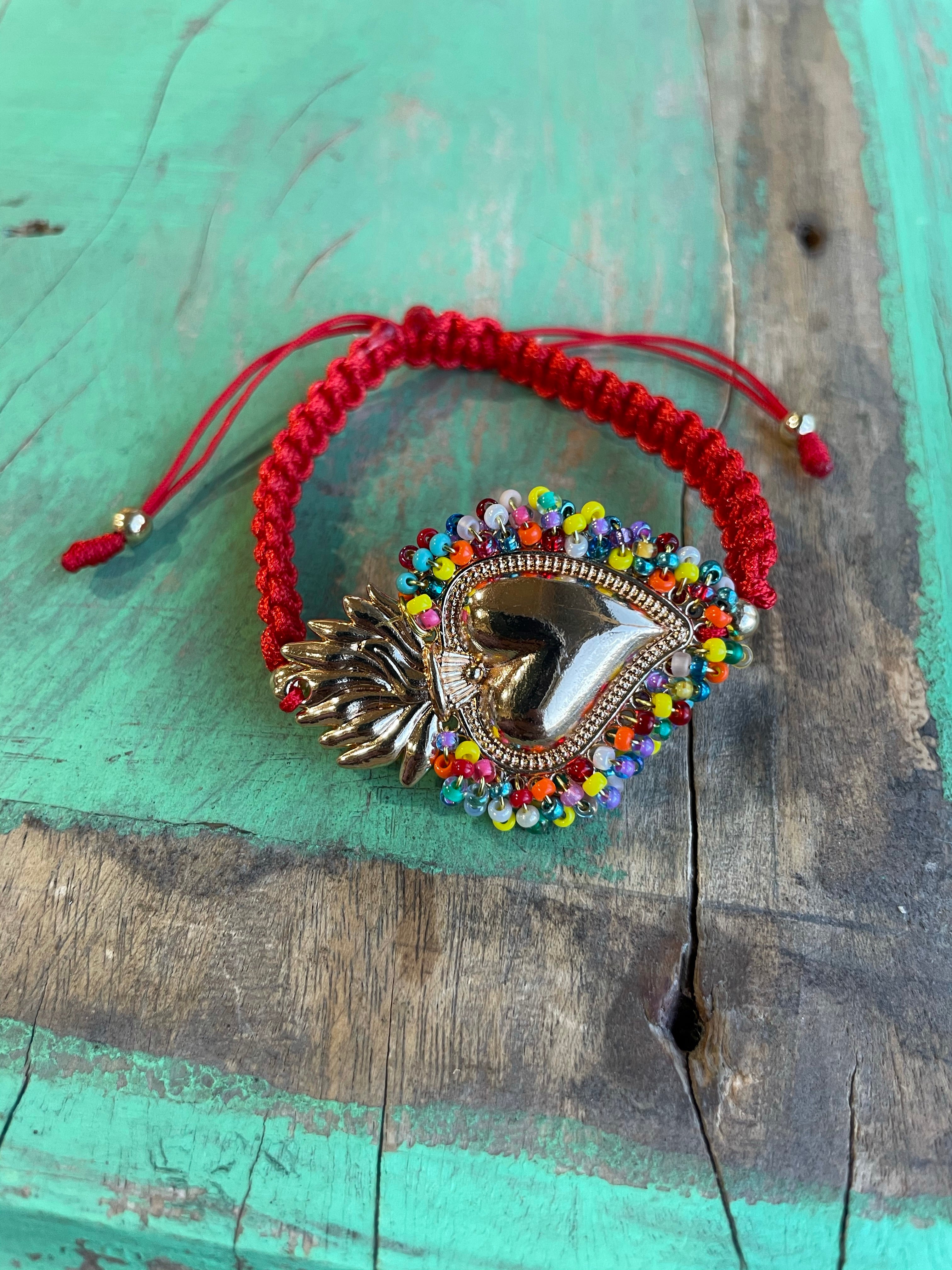Red Cord Beaded Sacred Heart Bracelet