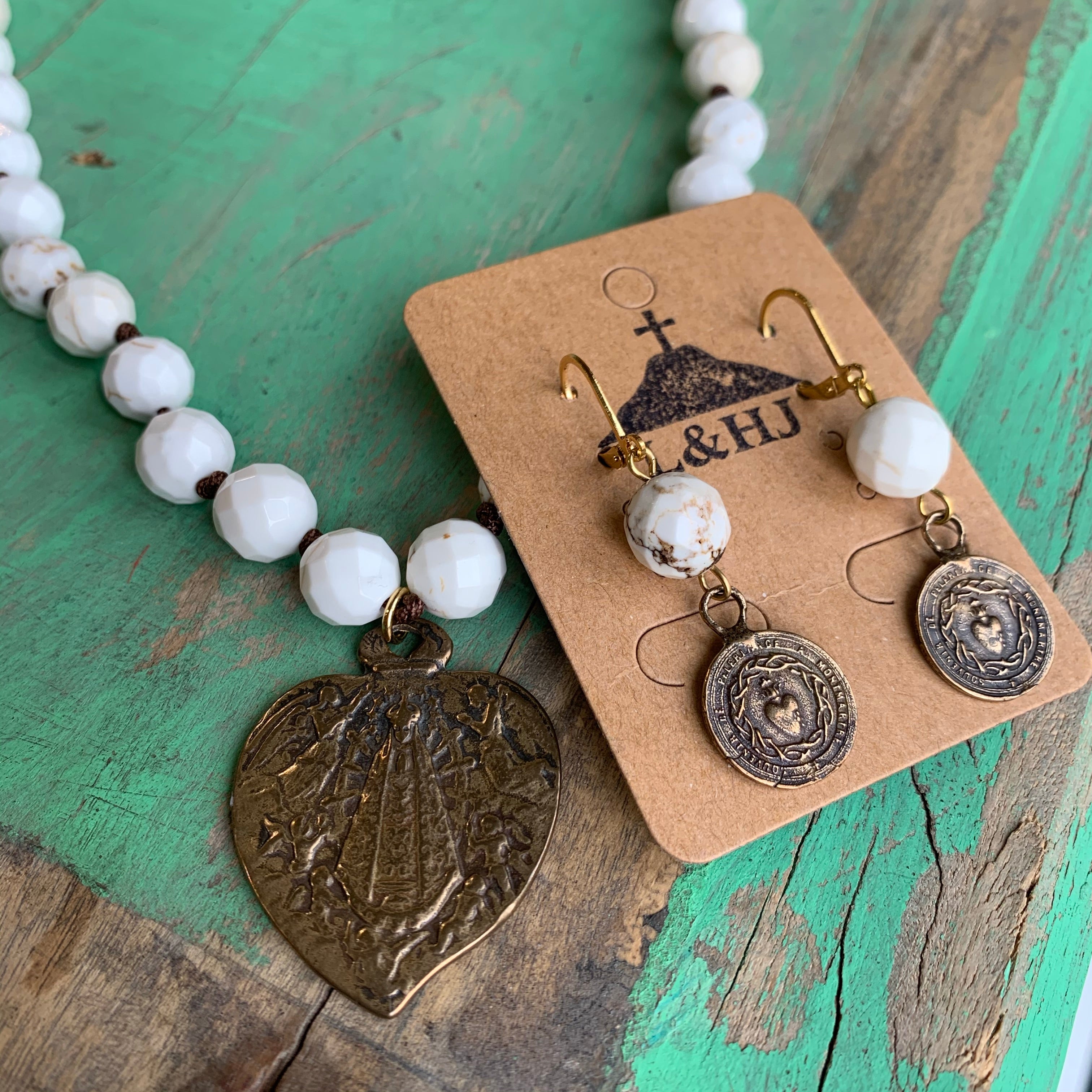 Bronze Heart Virgencita Necklace and Earrings