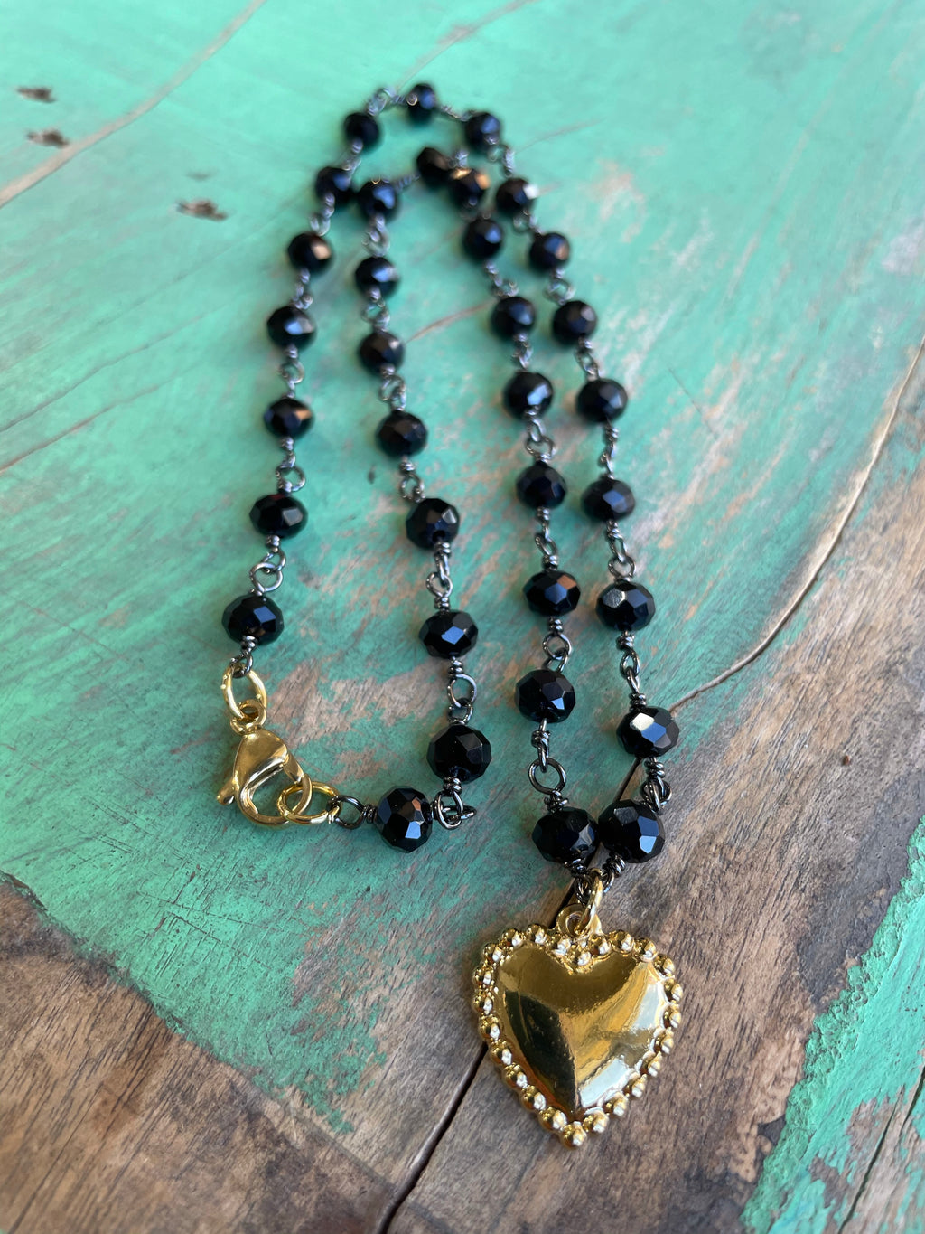 Black and Gold Heart Necklace, Bracelet, and Earrings