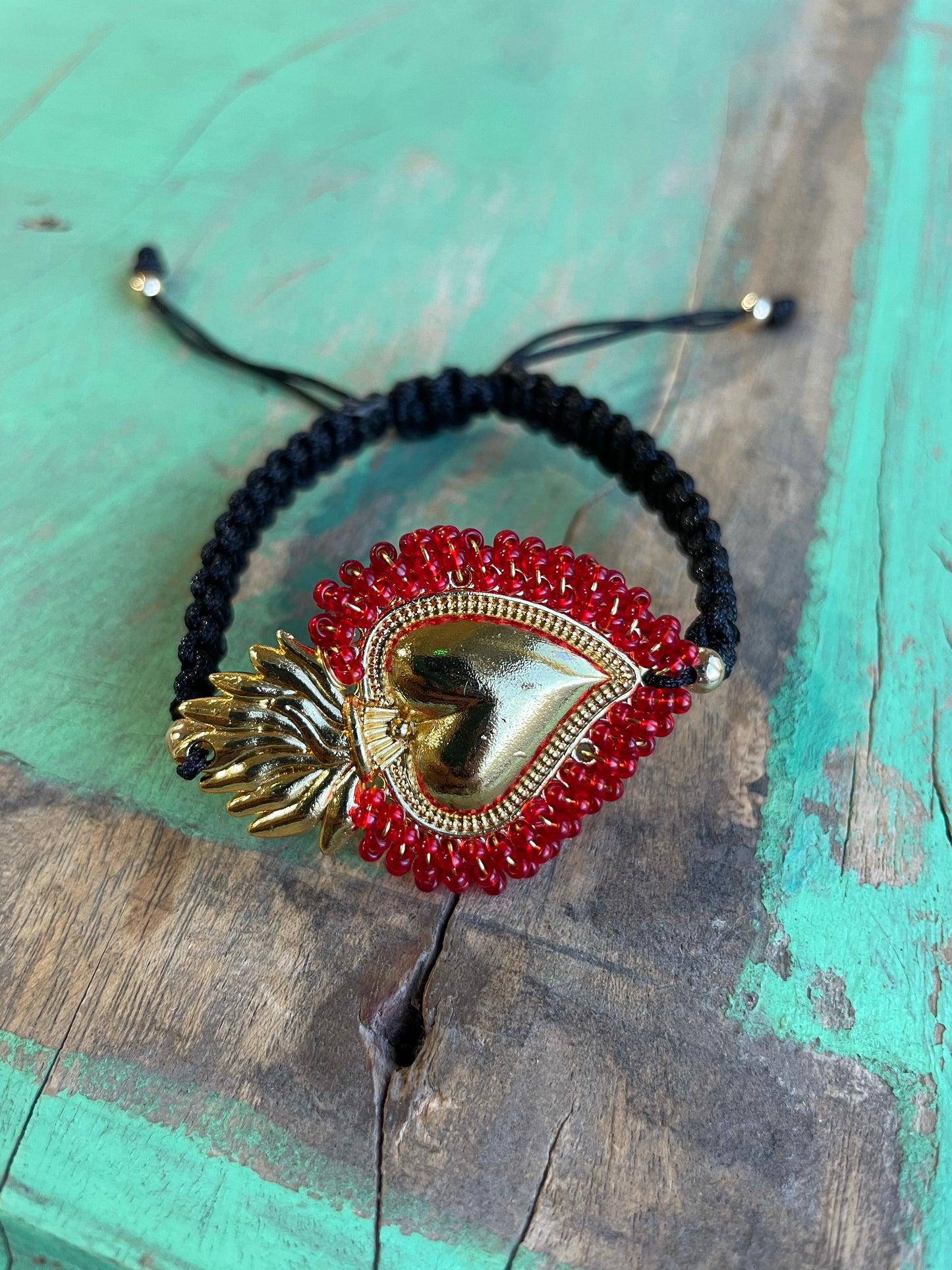 Black Cord Beaded Sacred Heart Bracelet
