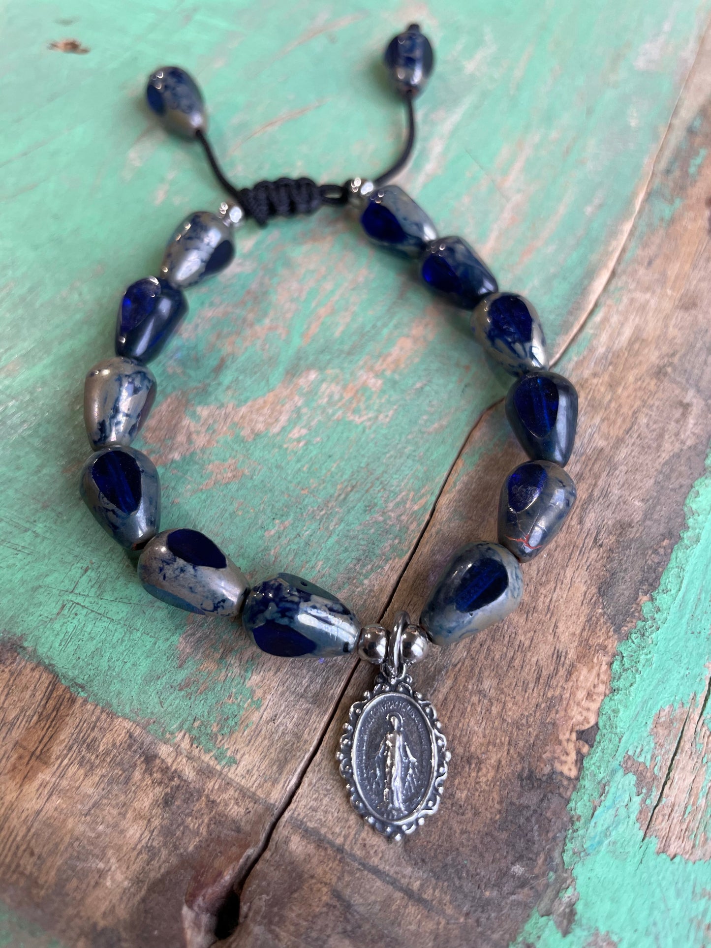 Blue Czech Glass Miraculous Medal Necklace, Earrings, and Bracelet