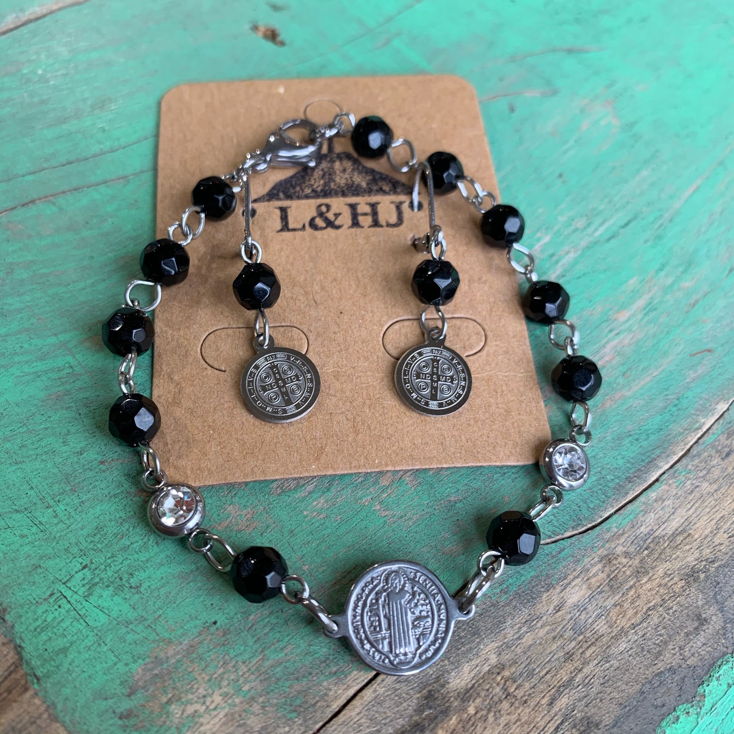 Black and Silver St Benedict Bracelet and Earrings