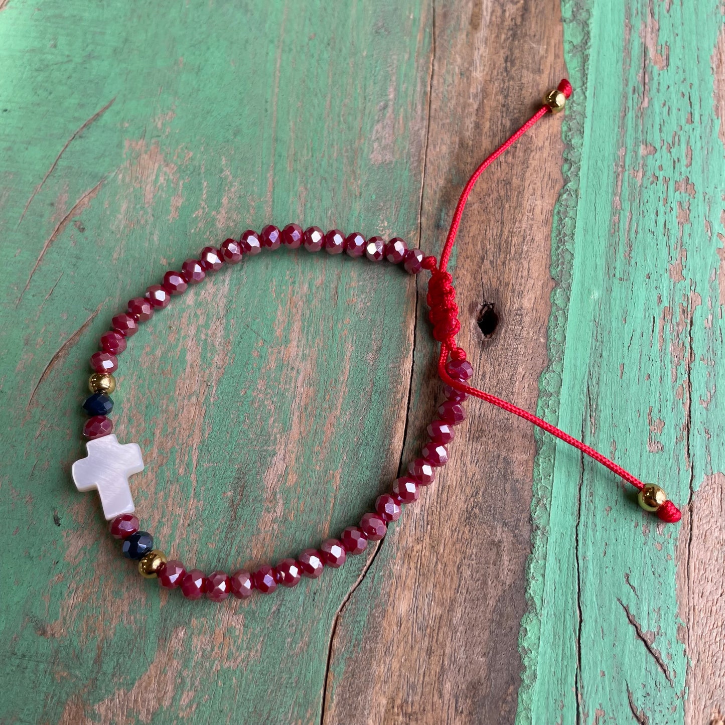 Red Crystal and Shell Cross Adjustable Bracelet