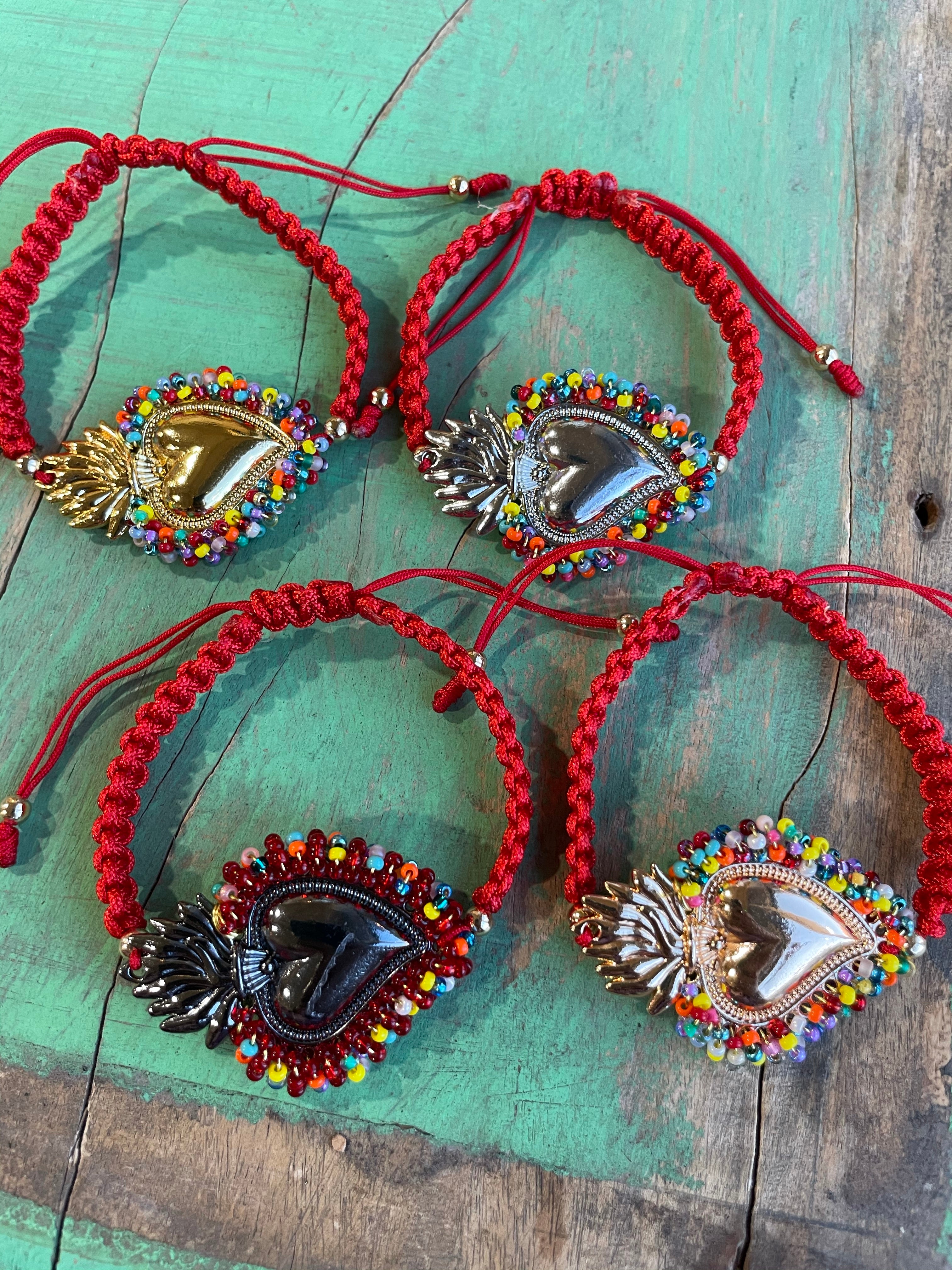 Red Cord Beaded Sacred Heart Bracelet