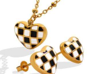 Checkered Gold Stainless Steel Heart Necklace, Earrings or Ring