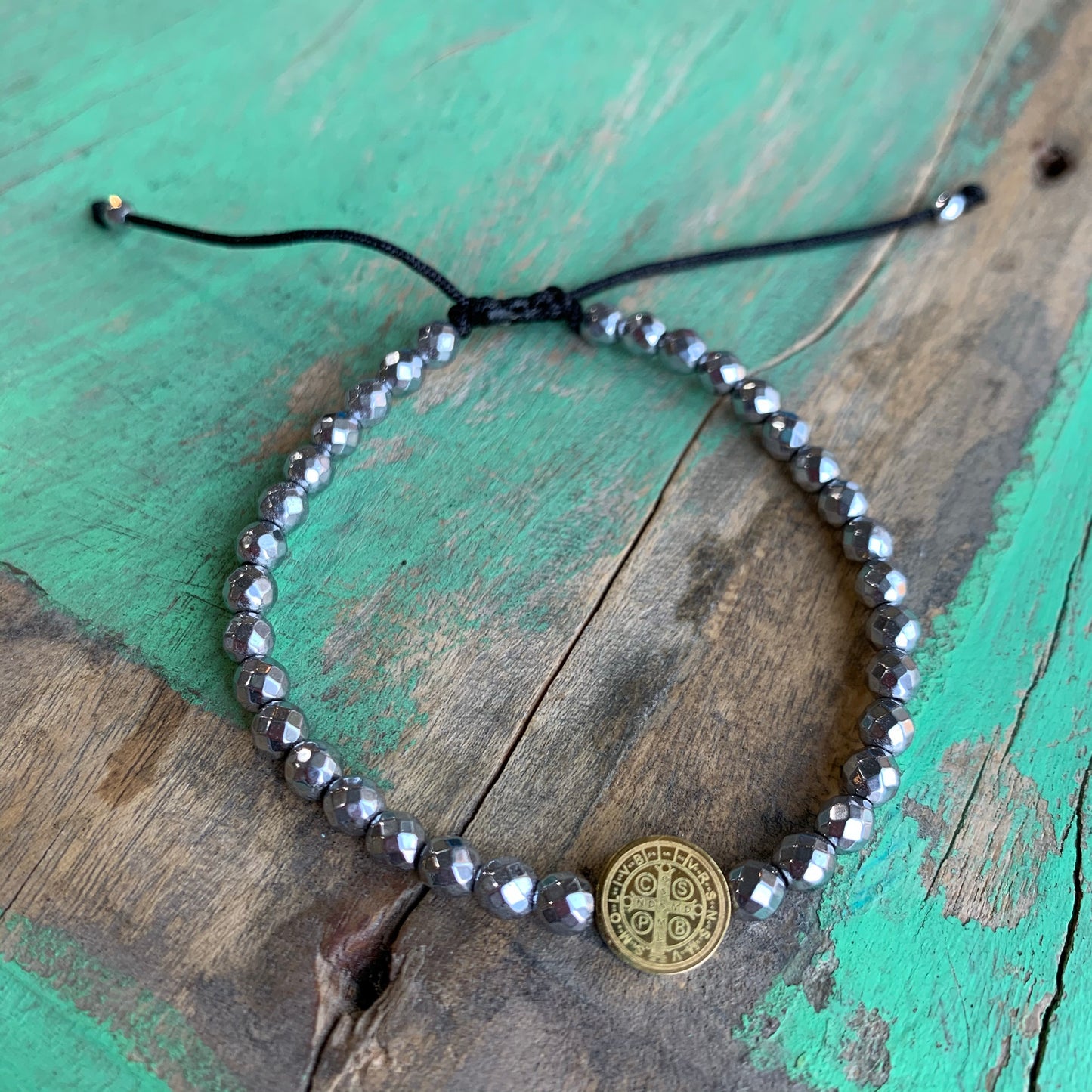 St Benedict and Hematite String Bracelet