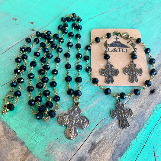 Black and Bronze Five Way Cross Bracelet, Earrings, and Necklace