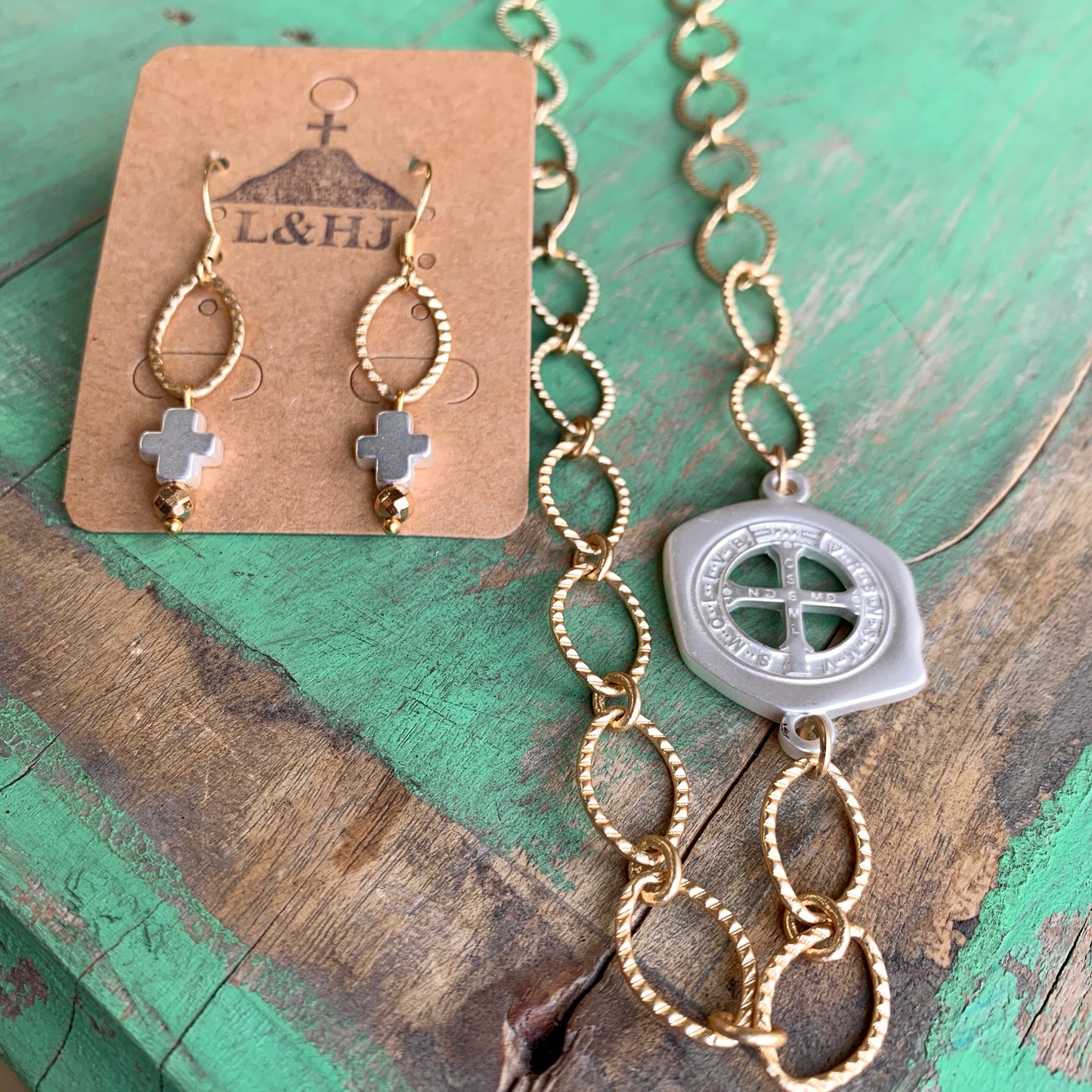Matte Gold and Silver Long Necklace and Earrings