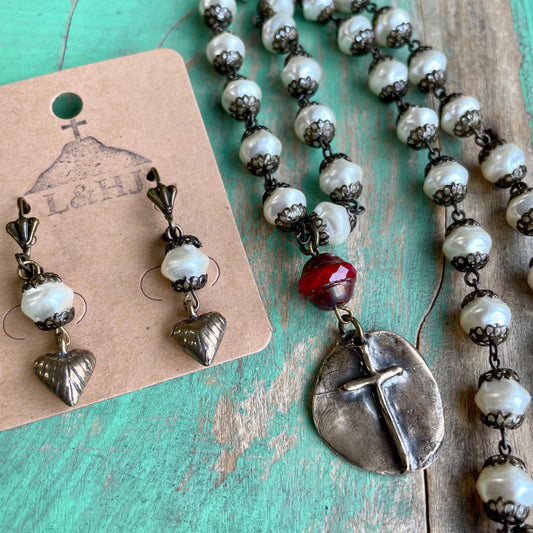 Cross Drop Pearl Necklace Necklace and Earrings