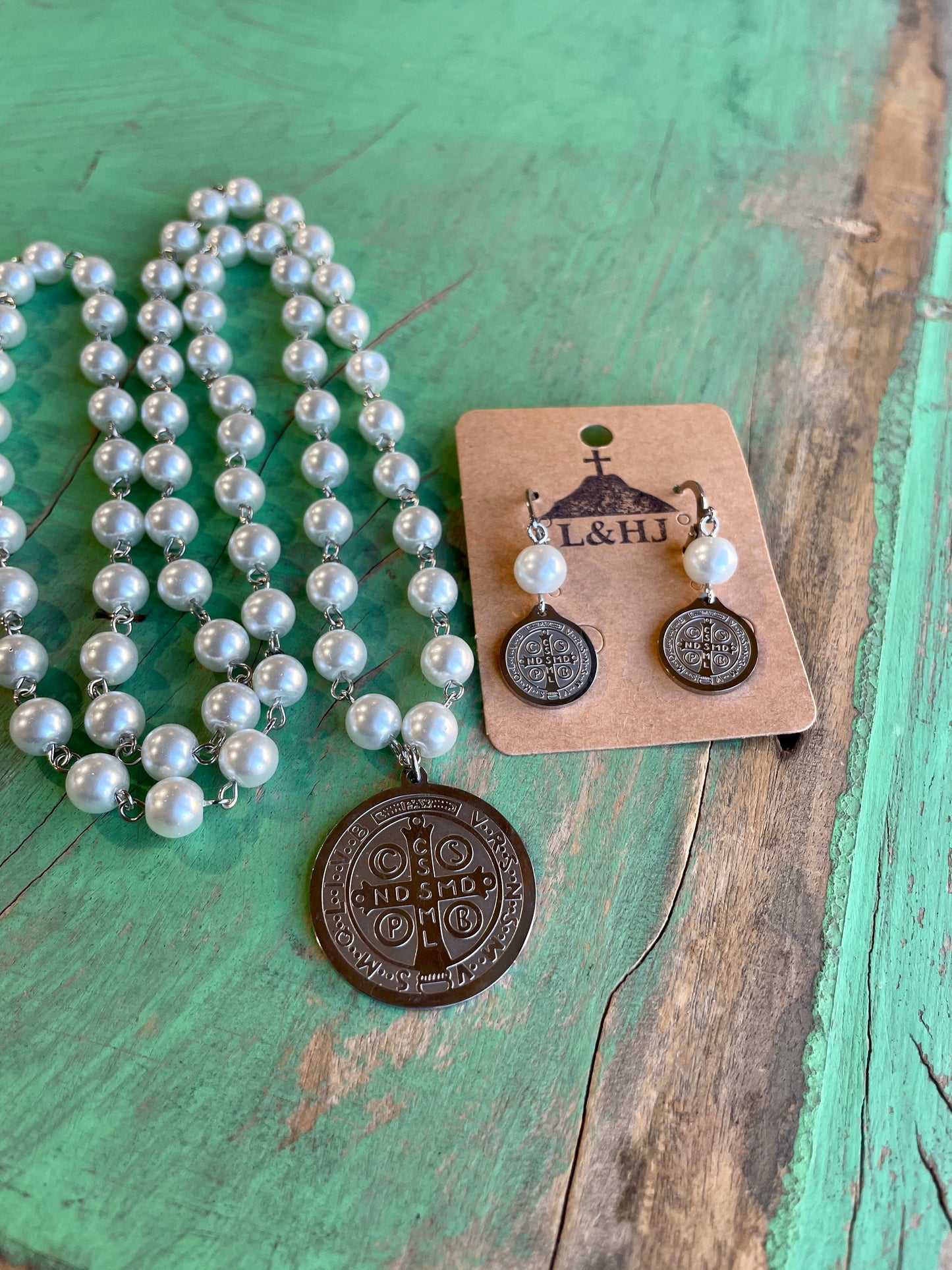 Long Pearl St Benedict Necklace and Earrings