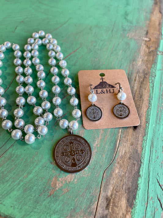 Long Pearl St Benedict Necklace and Earrings