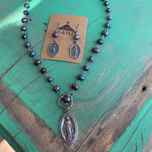 Prussian Blue Pearl Miraculous Medal Set