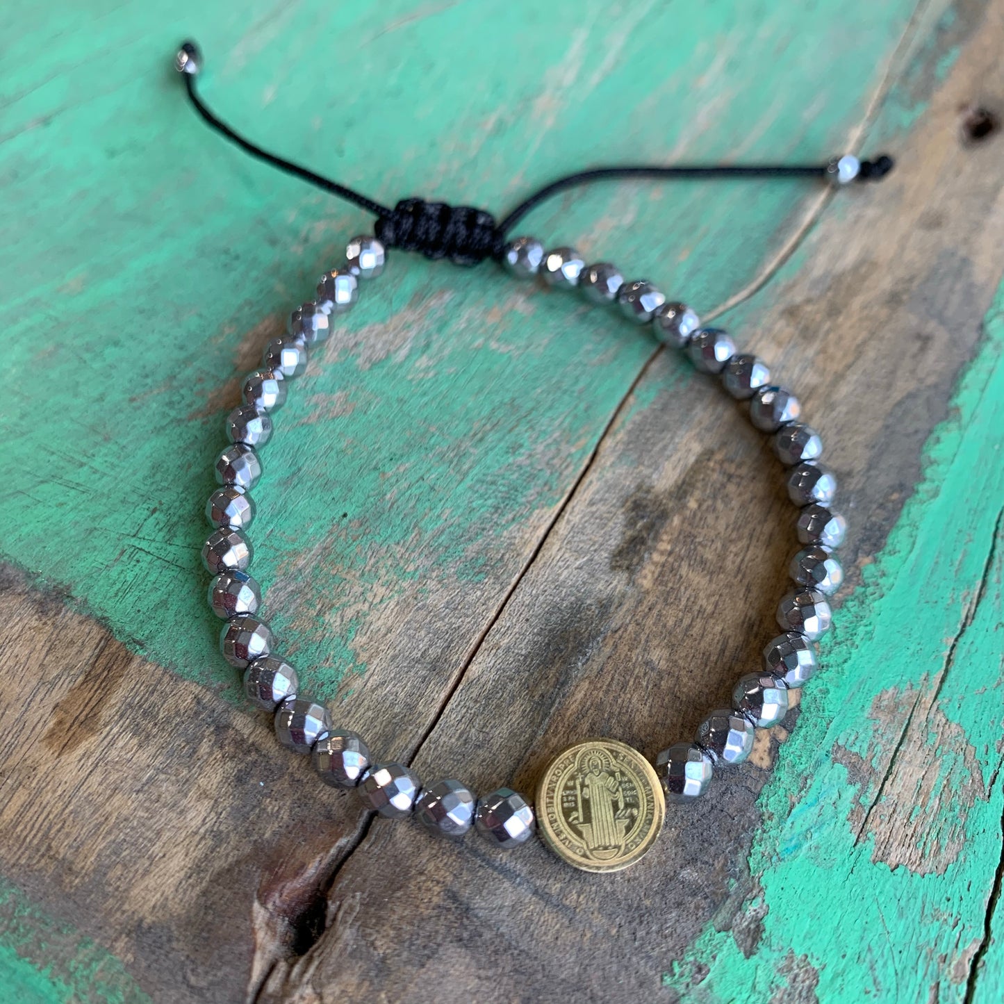 St Benedict and Hematite String Bracelet