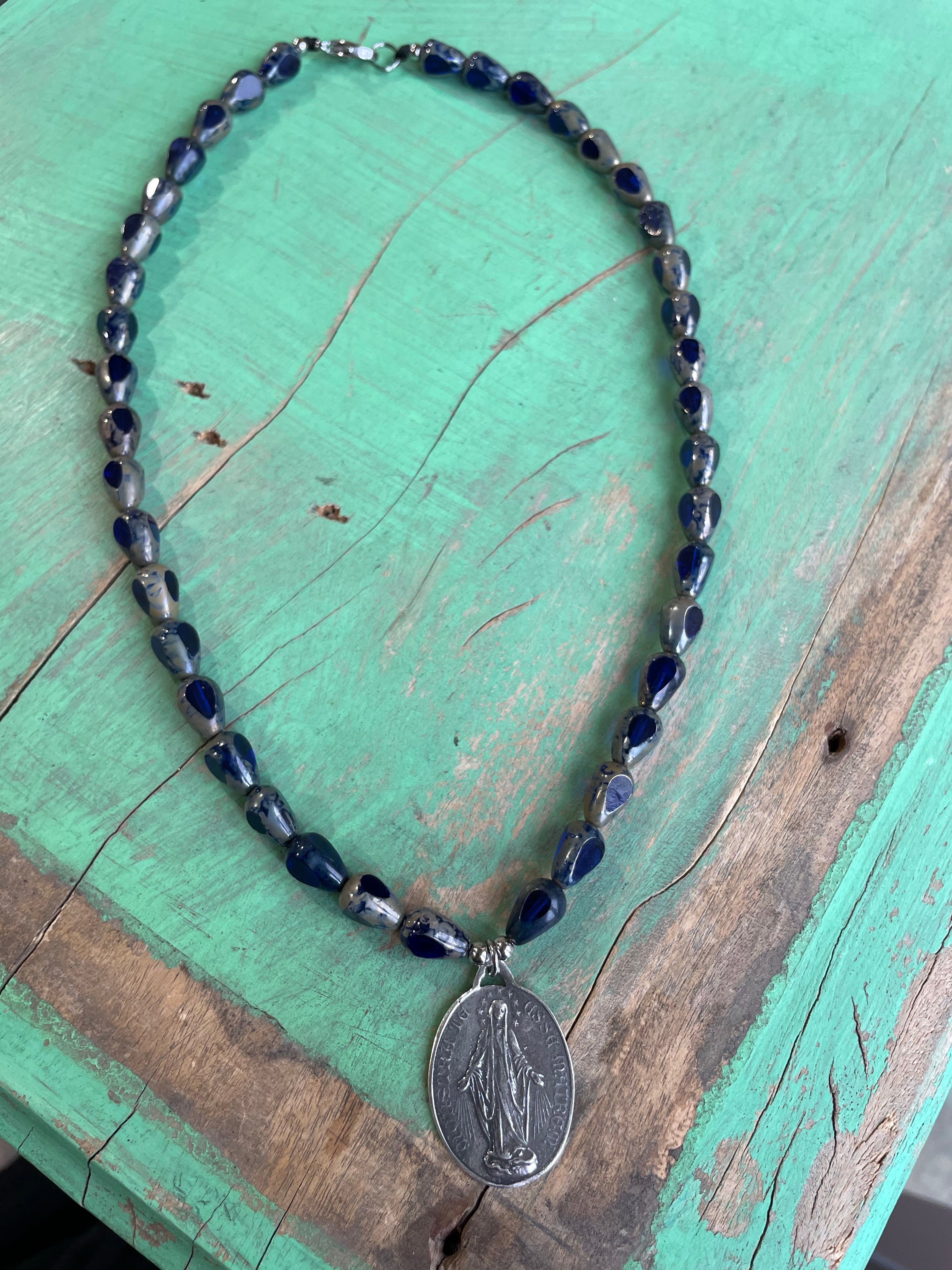 Blue Czech Glass Miraculous Medal Necklace, Earrings, and Bracelet