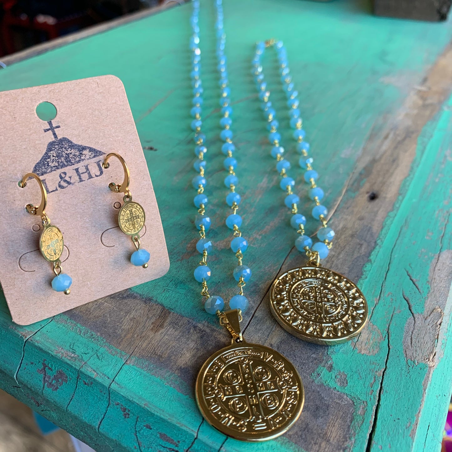 Turquoise Crystal St Benedict Necklace and Earrings