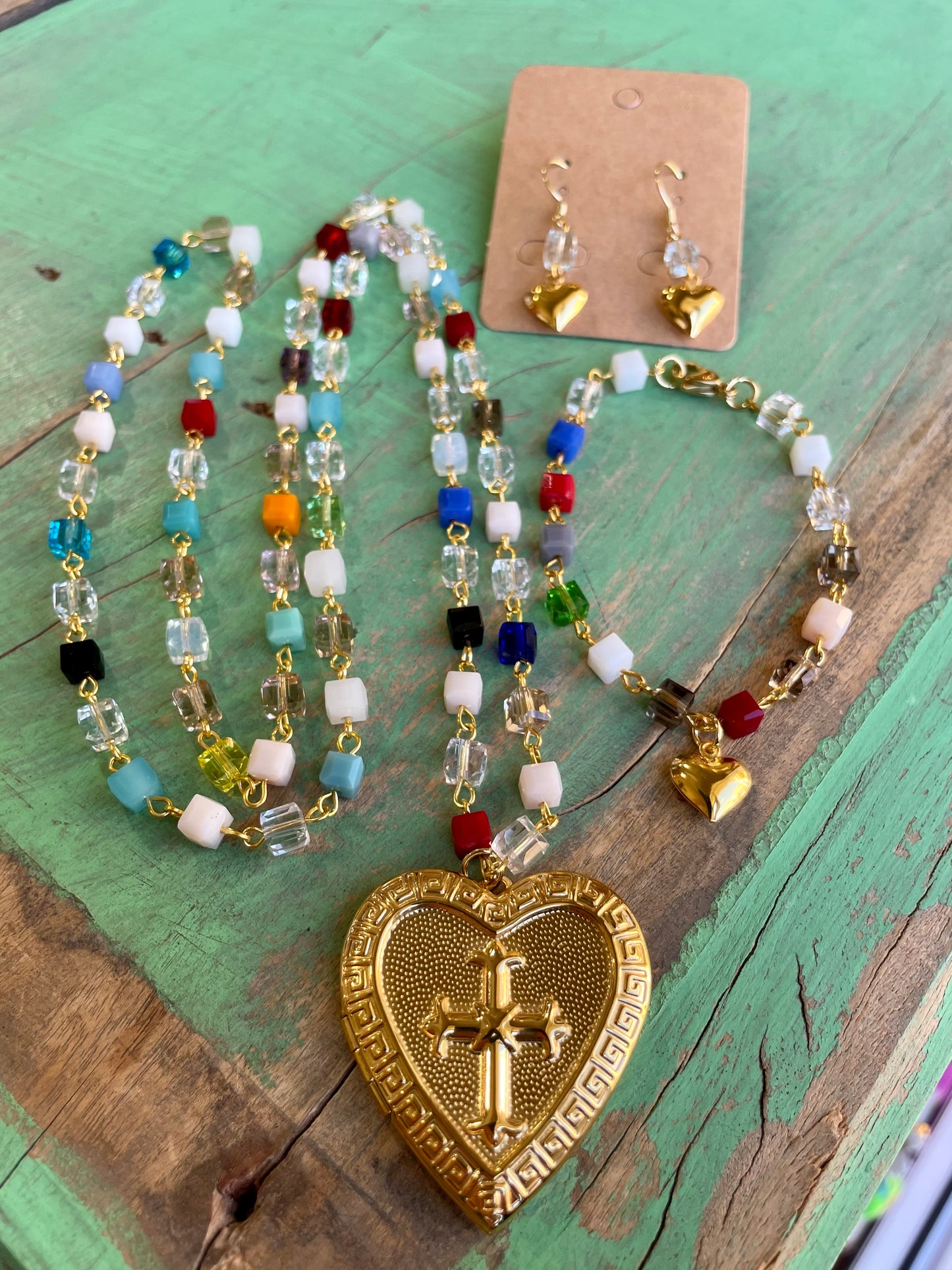 Colorful Heart Locket Necklace, Bracelet, and Earrings
