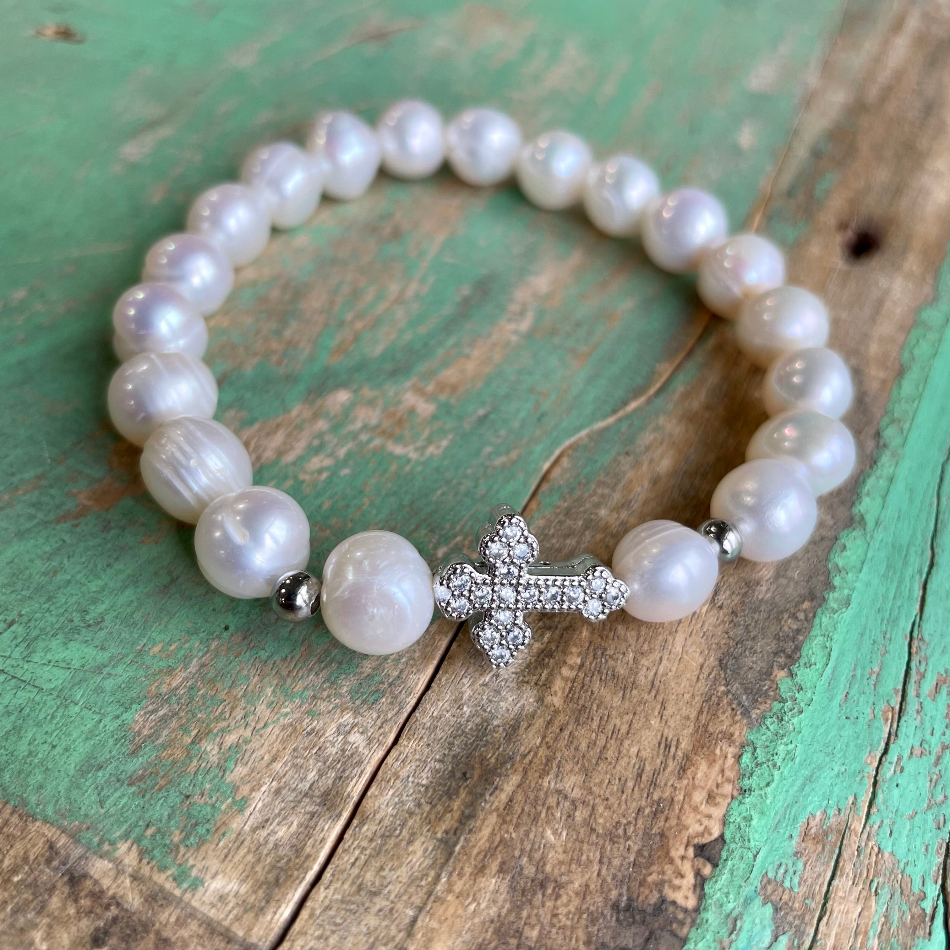 Freshwater Pearl CZ Cross Bracelet