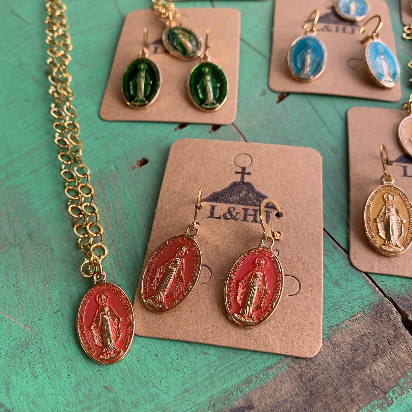 Colorful Miraculous Medal Necklace and Earrings