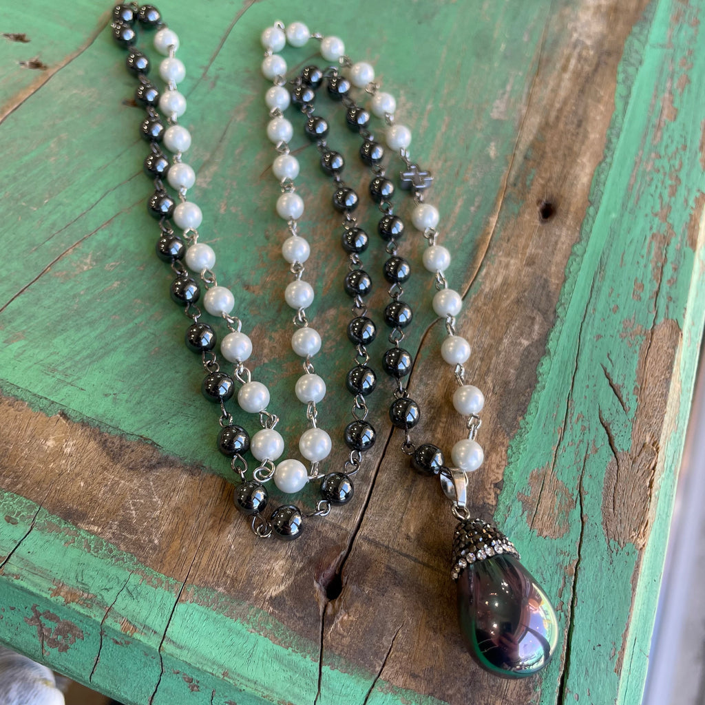 Hematite and Pearl Drop Necklace