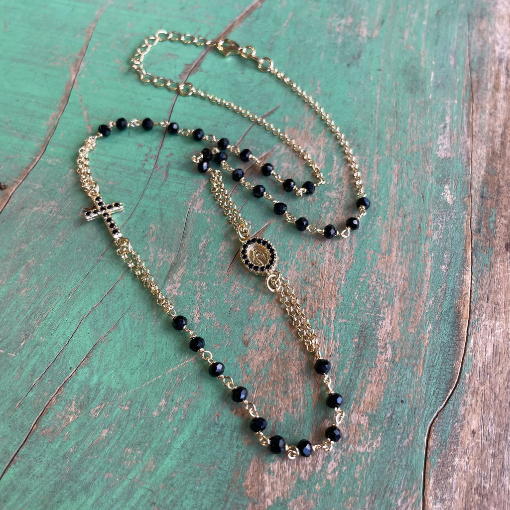 Sterling Silver Black Crystal CZ Rosary Inspired Necklace and Bracelet