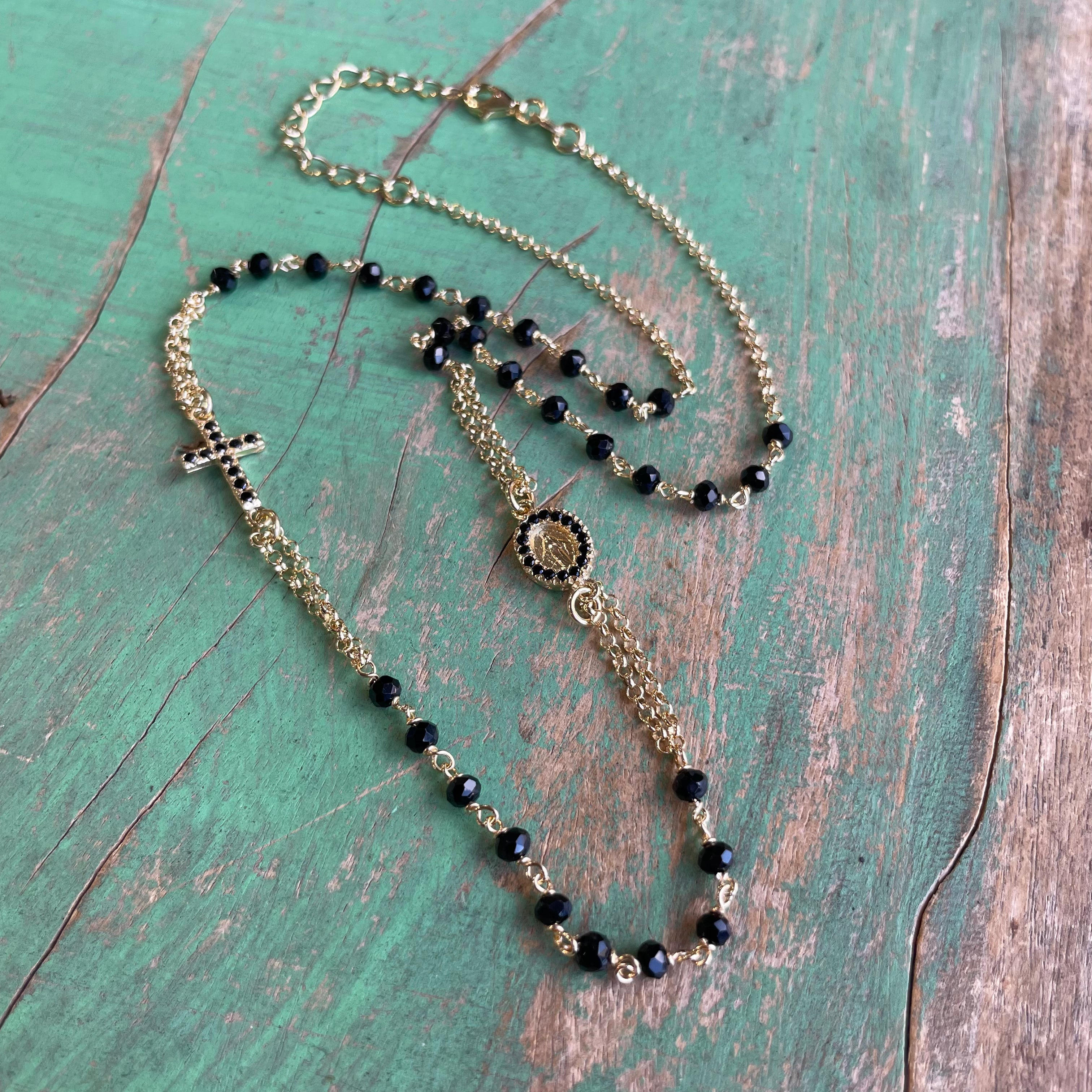 Sterling Silver Black Crystal CZ Rosary Inspired Necklace and Bracelet