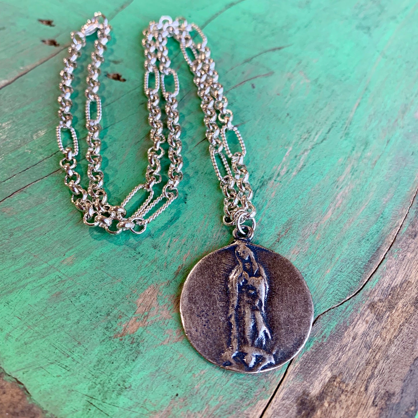 Our Lady of Guadalupe Big Medallion on Silver Plated Chain