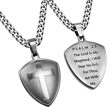 Silver Shield Cross Psalm 23 Necklace