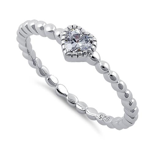 Sterling Silver Beaded Band CZ Heart Ring