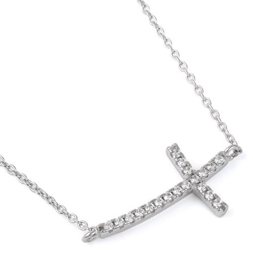 Cubic Zirconia Sideways Cross Sterling Silver Necklace