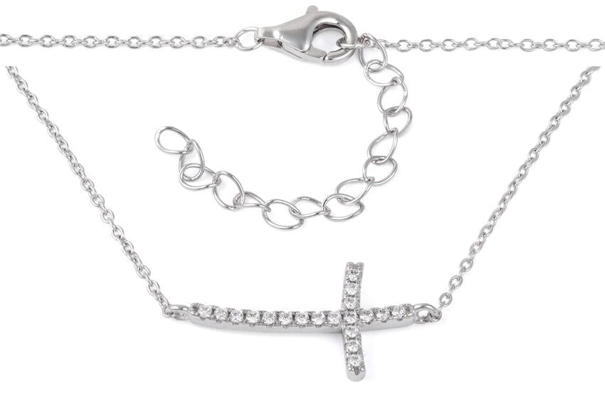 Cubic Zirconia Sideways Cross Sterling Silver Necklace