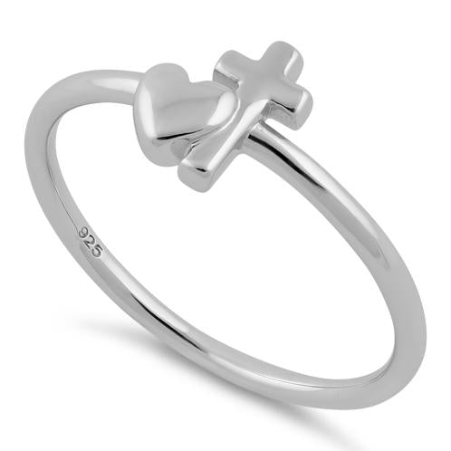 Tiny Heart and Cross Sterling Silver Ring